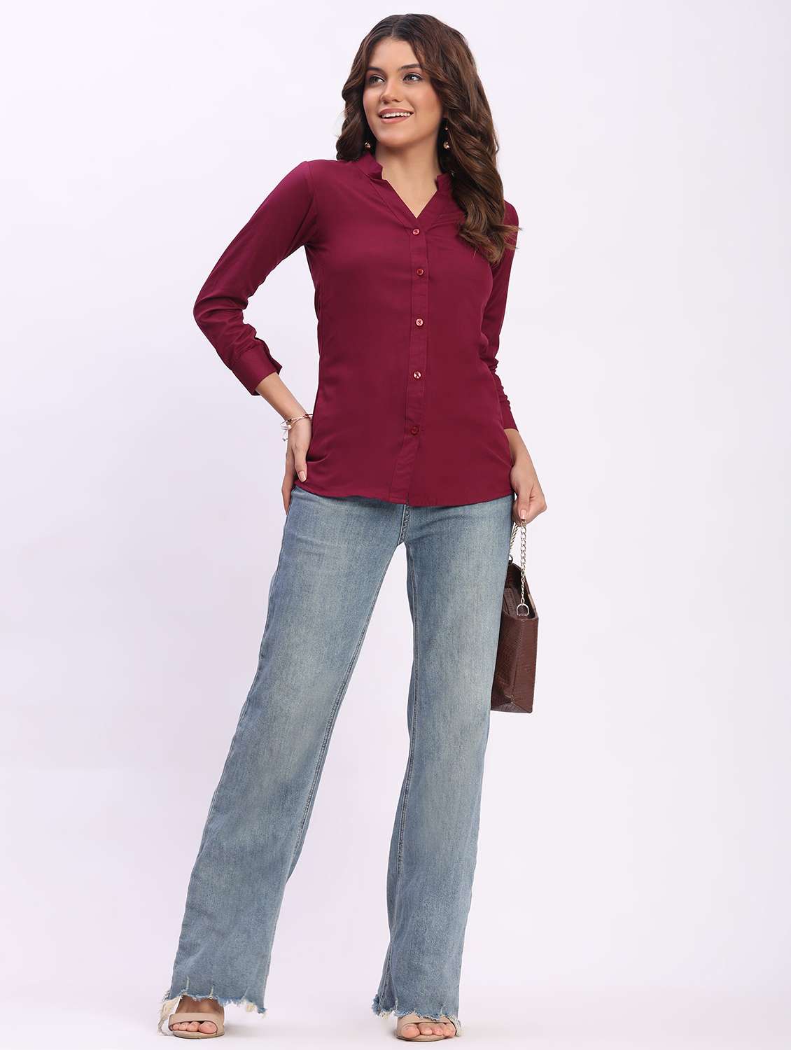 women solid three quarter sleeve mandarin collar shirt - 22083614 - Standard Image - 4