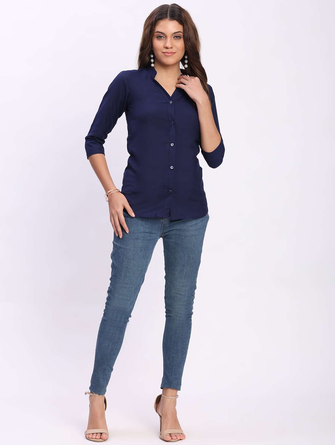 women solid three quarter sleeve mandarin collar shirt - 22083615 - Standard Image - 4