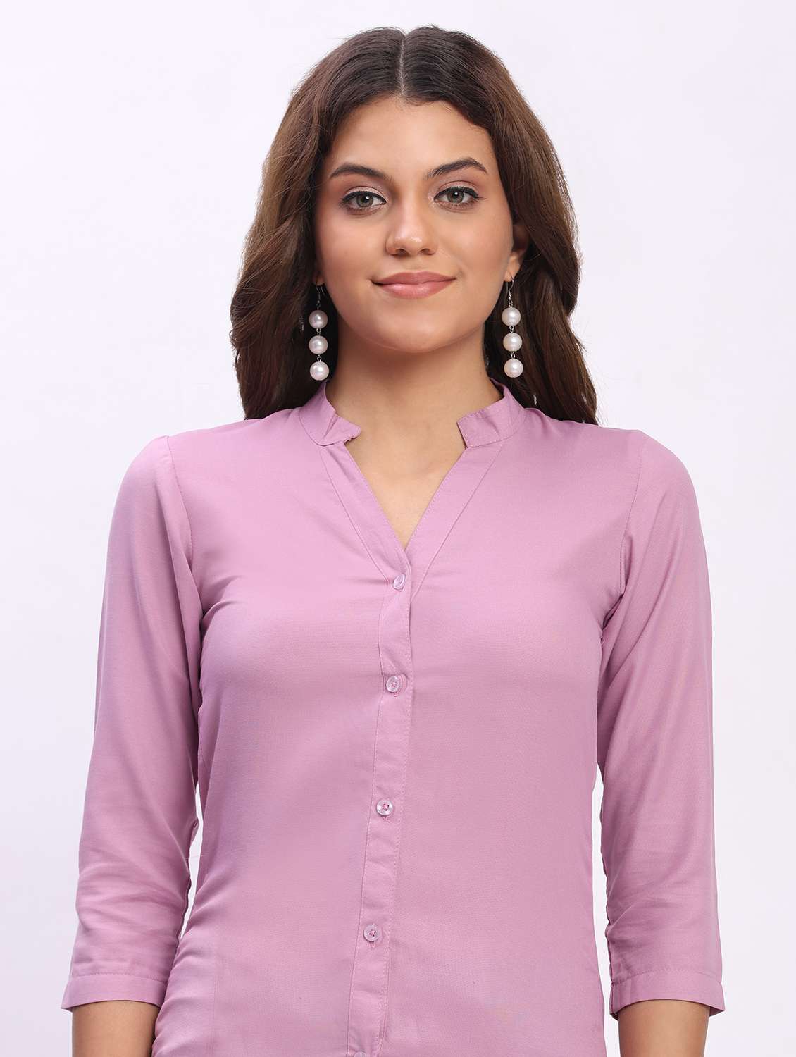 women solid three quarter sleeve mandarin collar shirt - 22083616 - Standard Image - 4
