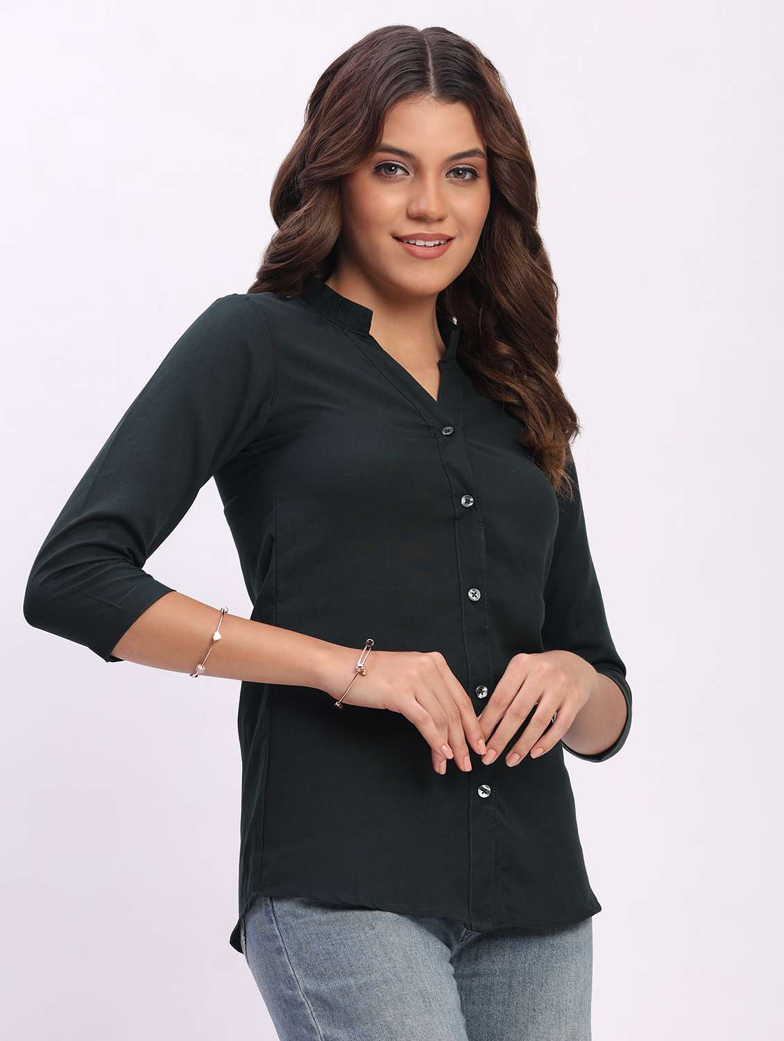 women solid three quarter sleeve mandarin collar shirt - 22083617 - Standard Image - 1