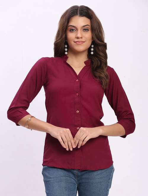 women solid three quarter sleeve mandarin collar shirt - 22083618 -  Standard Image - 0