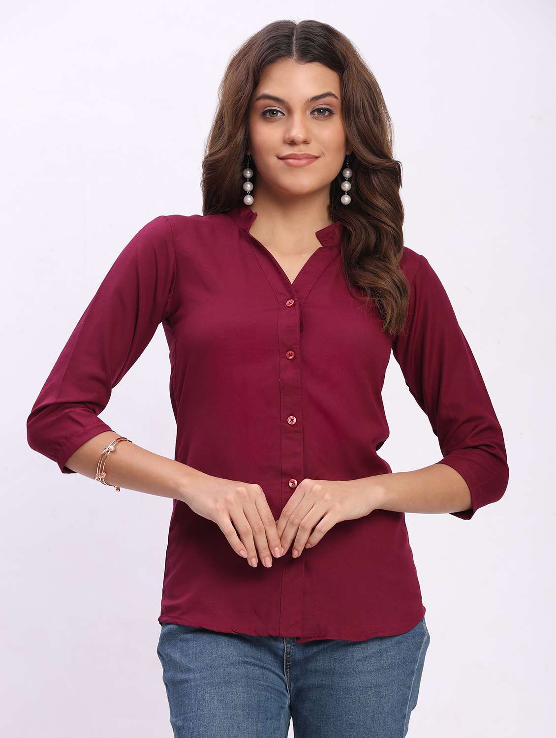 women solid three quarter sleeve mandarin collar shirt