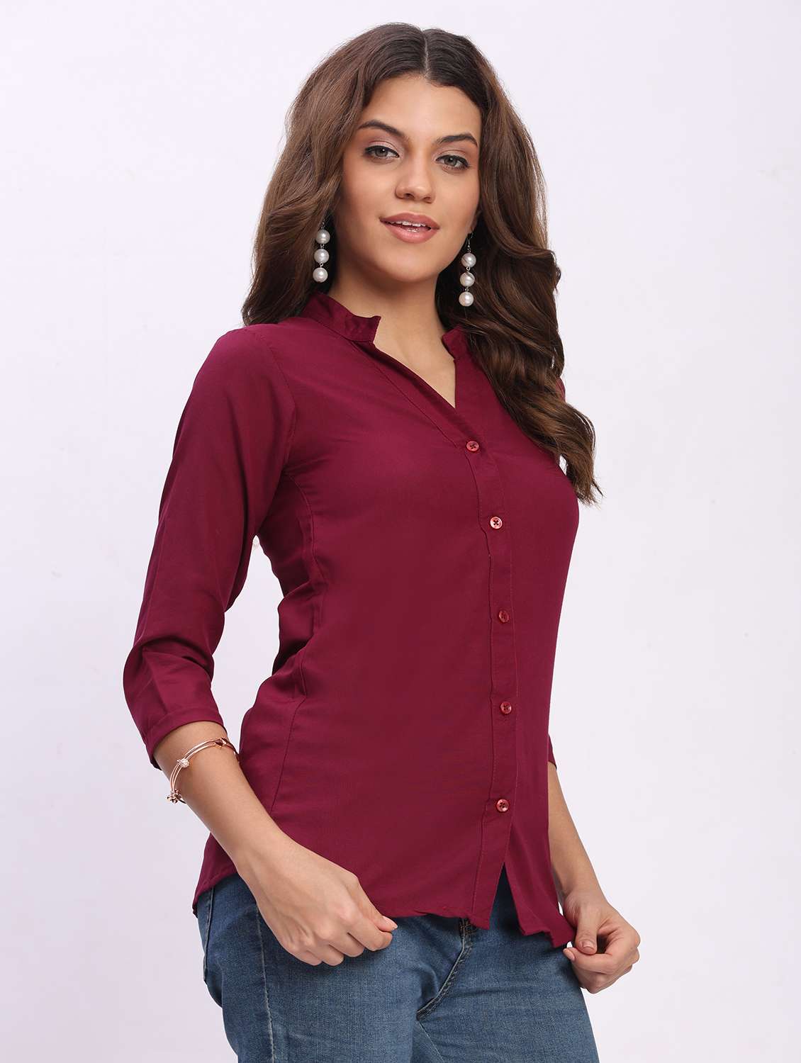 women solid three quarter sleeve mandarin collar shirt - 22083618 - Standard Image - 1