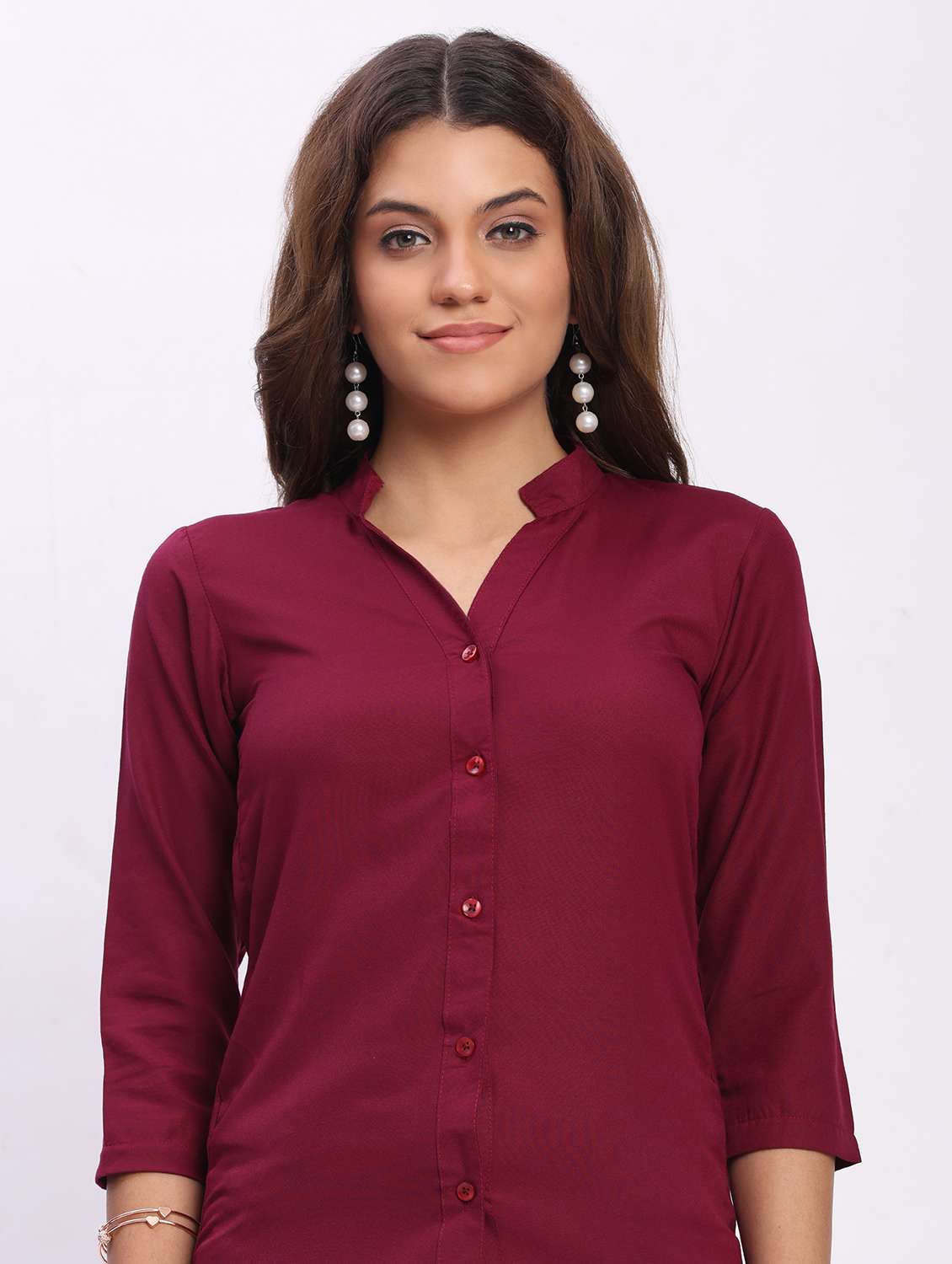 women solid three quarter sleeve mandarin collar shirt - 22083618 - Standard Image - 4