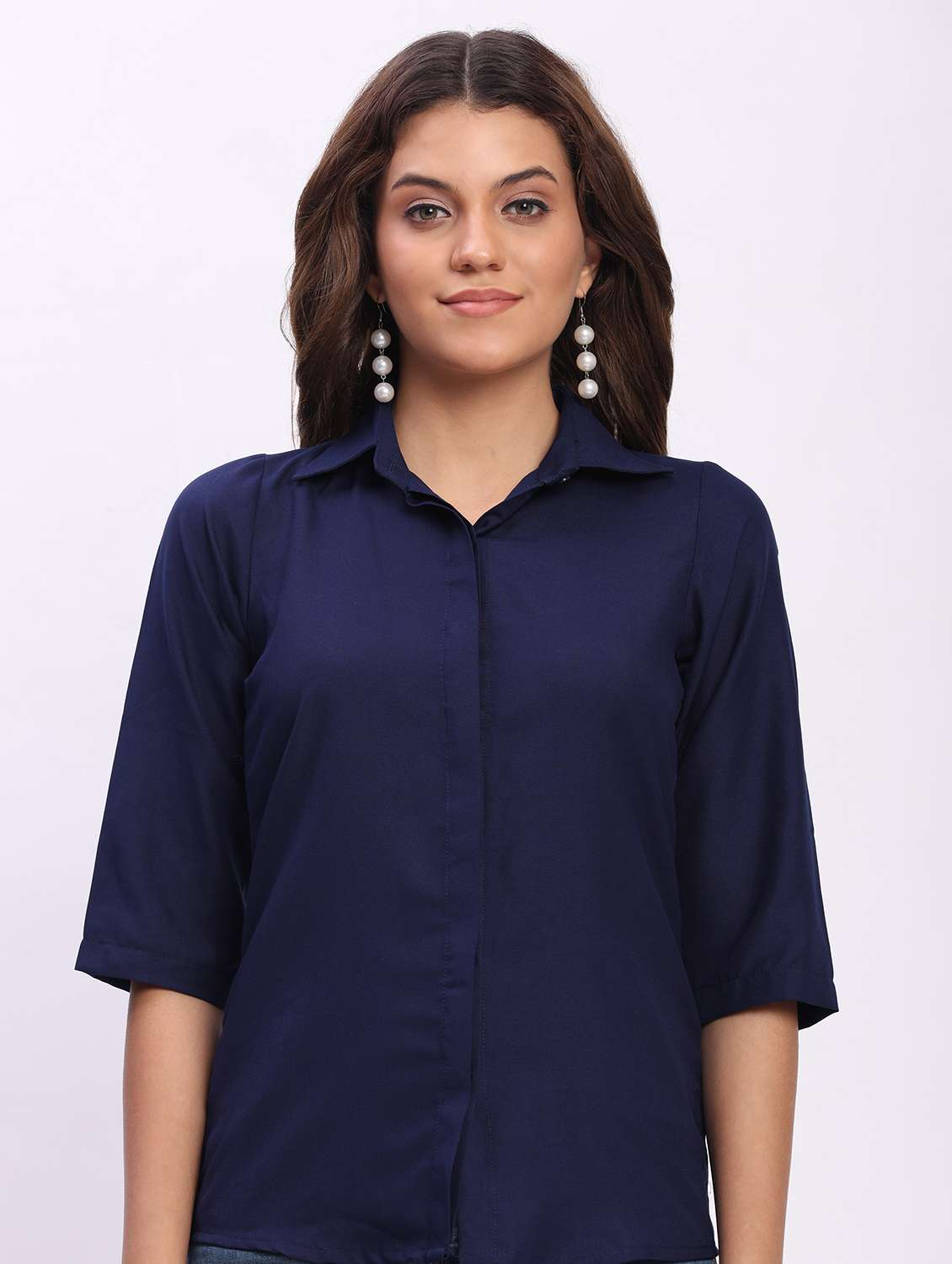 women solid three quarter sleeve collared shirt - 22083619 - Standard Image - 4