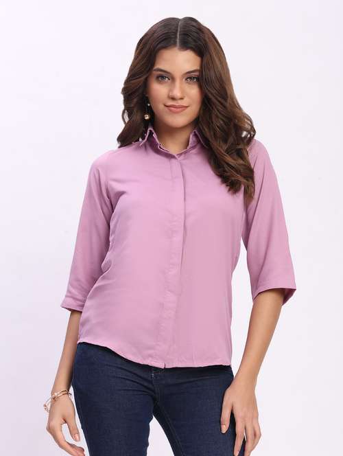 women solid three quarter sleeve collared shirt - 22083620 -  Standard Image - 0