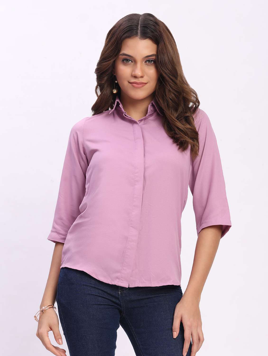 women solid three quarter sleeve collared shirt
