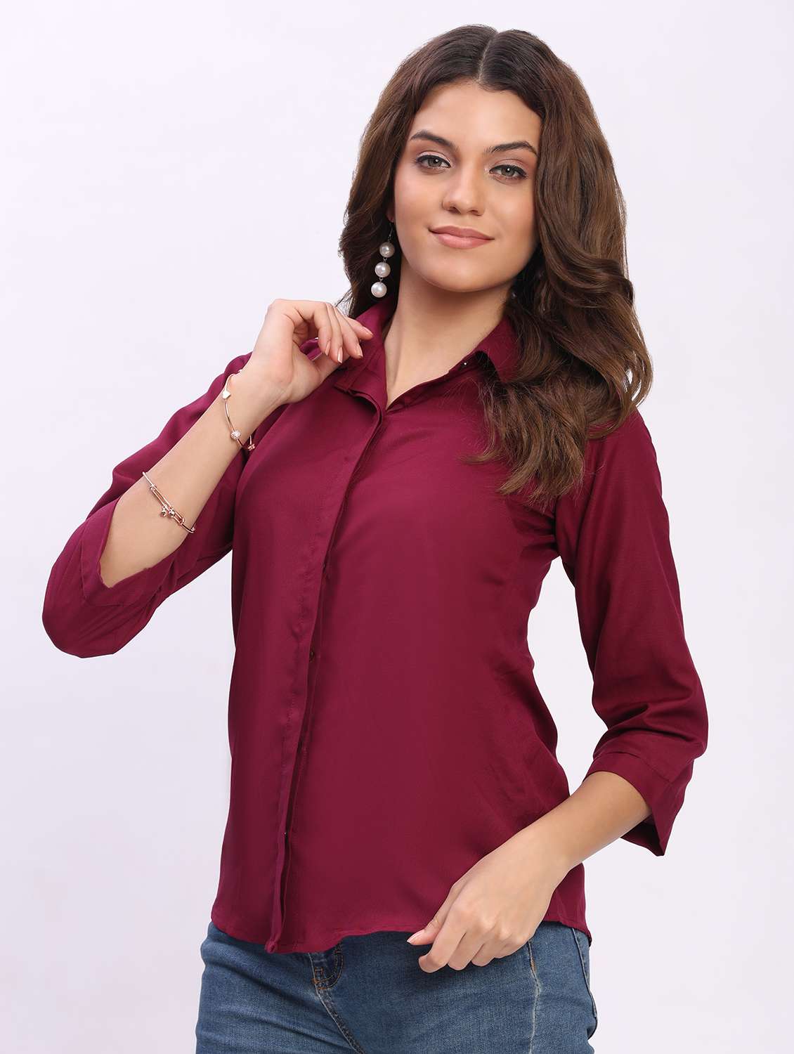 women solid three quarter sleeve collared shirt - 22083622 - Standard Image - 1