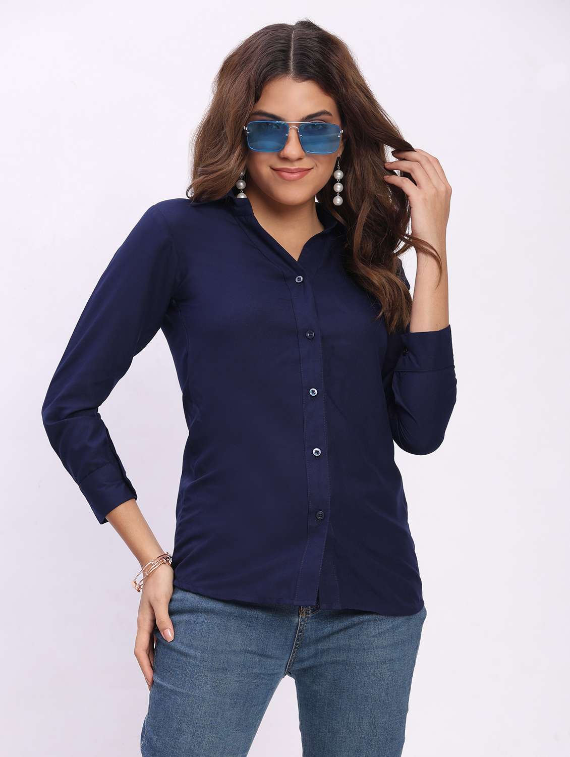 women solid long sleeve collared shirt