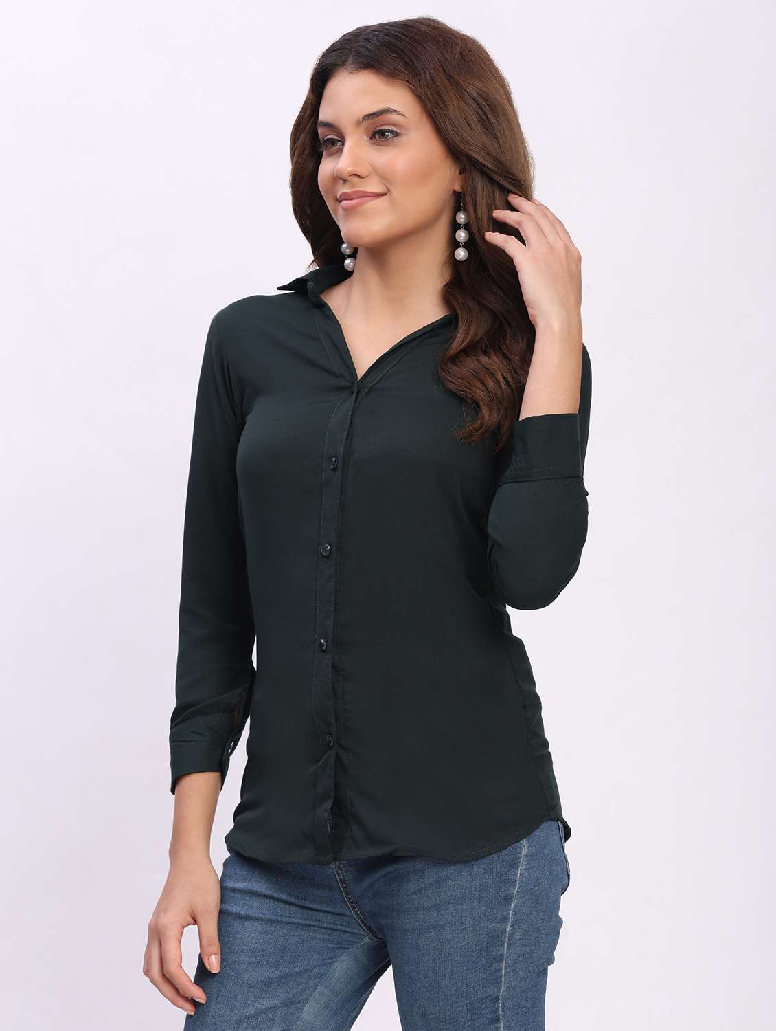 women solid three quarter sleeve collared shirt - 22083628 -  Standard Image - 1