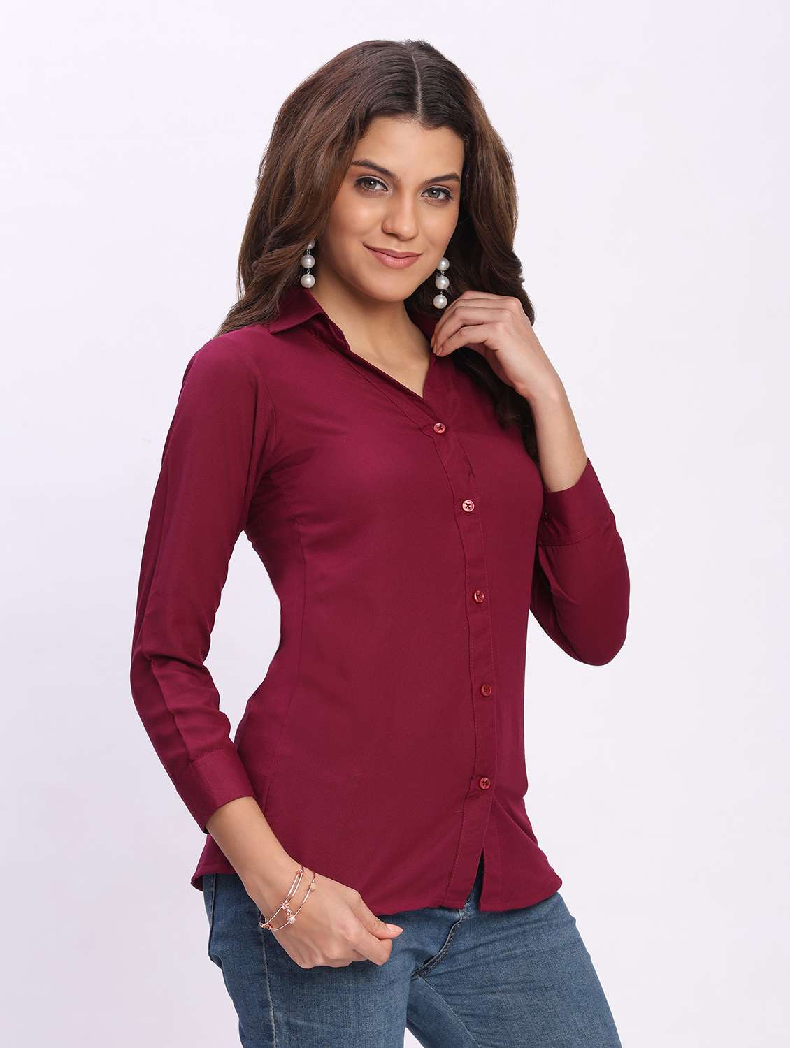 women solid three quarter sleeve collared shirt - 22083629 - Standard Image - 1