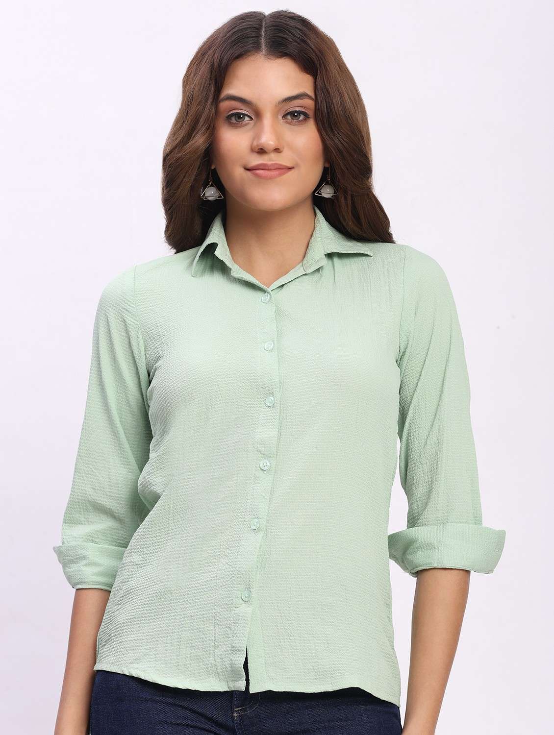 women solid three quarter sleeve collared shirt - 22083630 -  Standard Image - 1