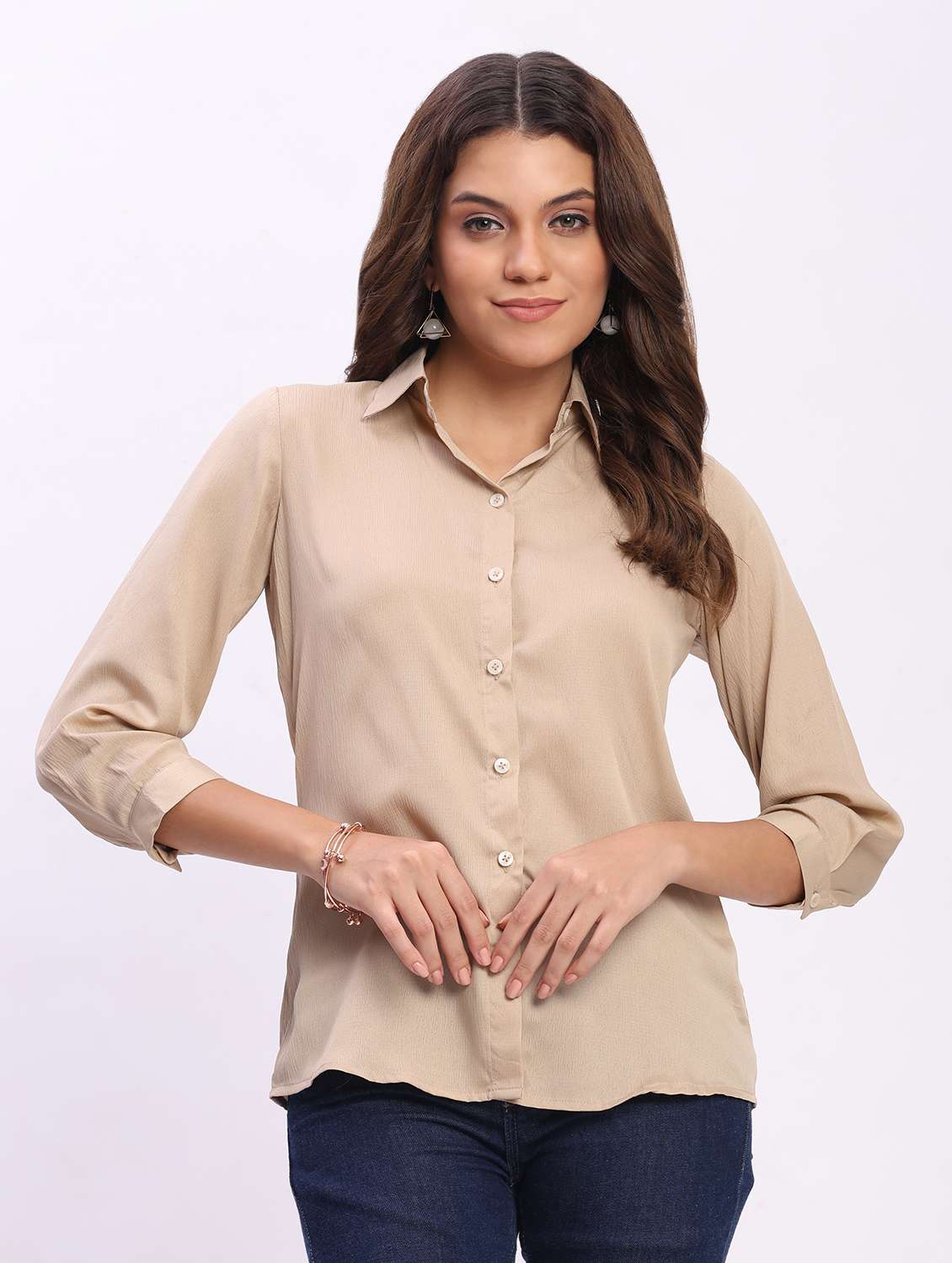 women solid three quarter sleeve collared shirt