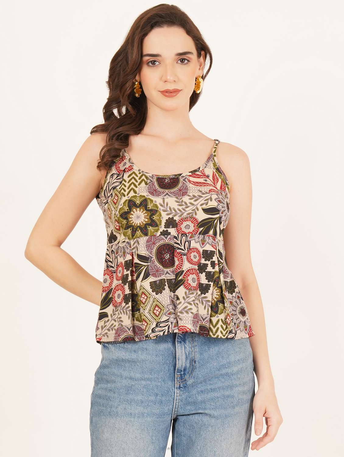women printed shoulder strap peplum top