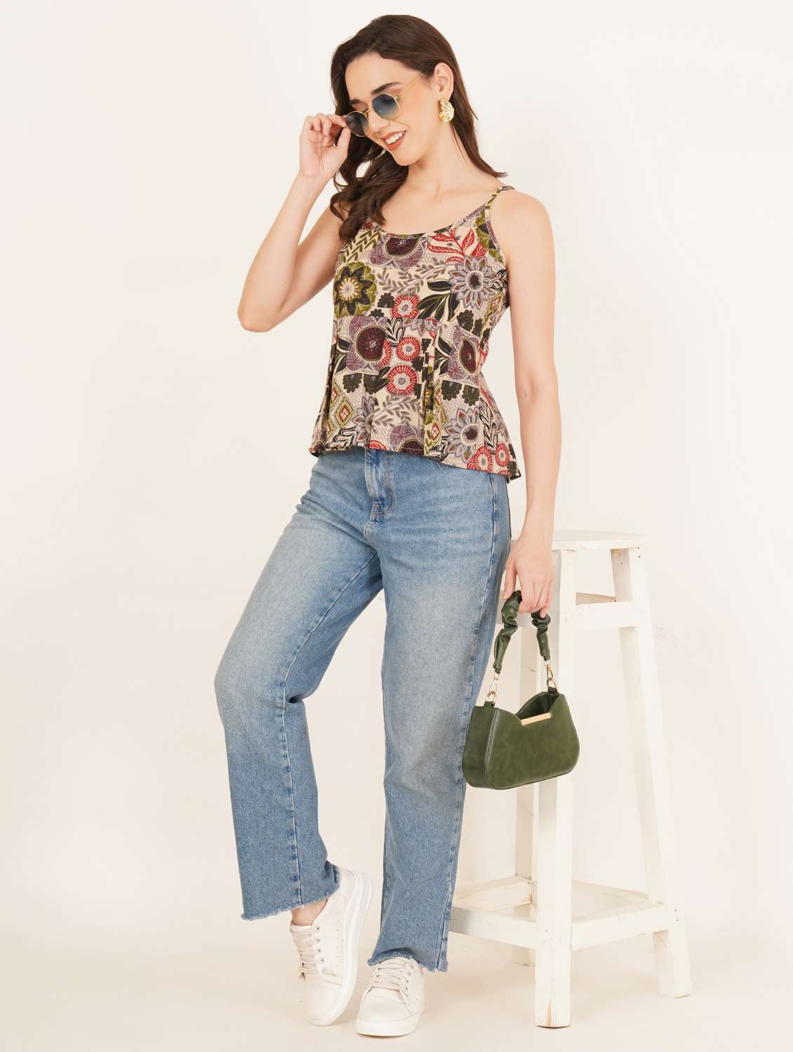 women printed shoulder strap peplum top - 22083636 - Standard Image - 4