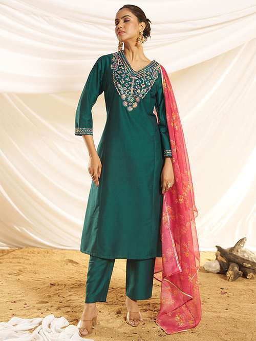 women embroidered three quarter sleeve kurta pant with dupatta set - 22083639 - Standard Image - 0