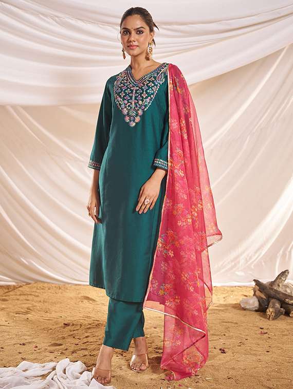 women embroidered three quarter sleeve kurta pant with dupatta set - 22083639 -  Standard Image - 1