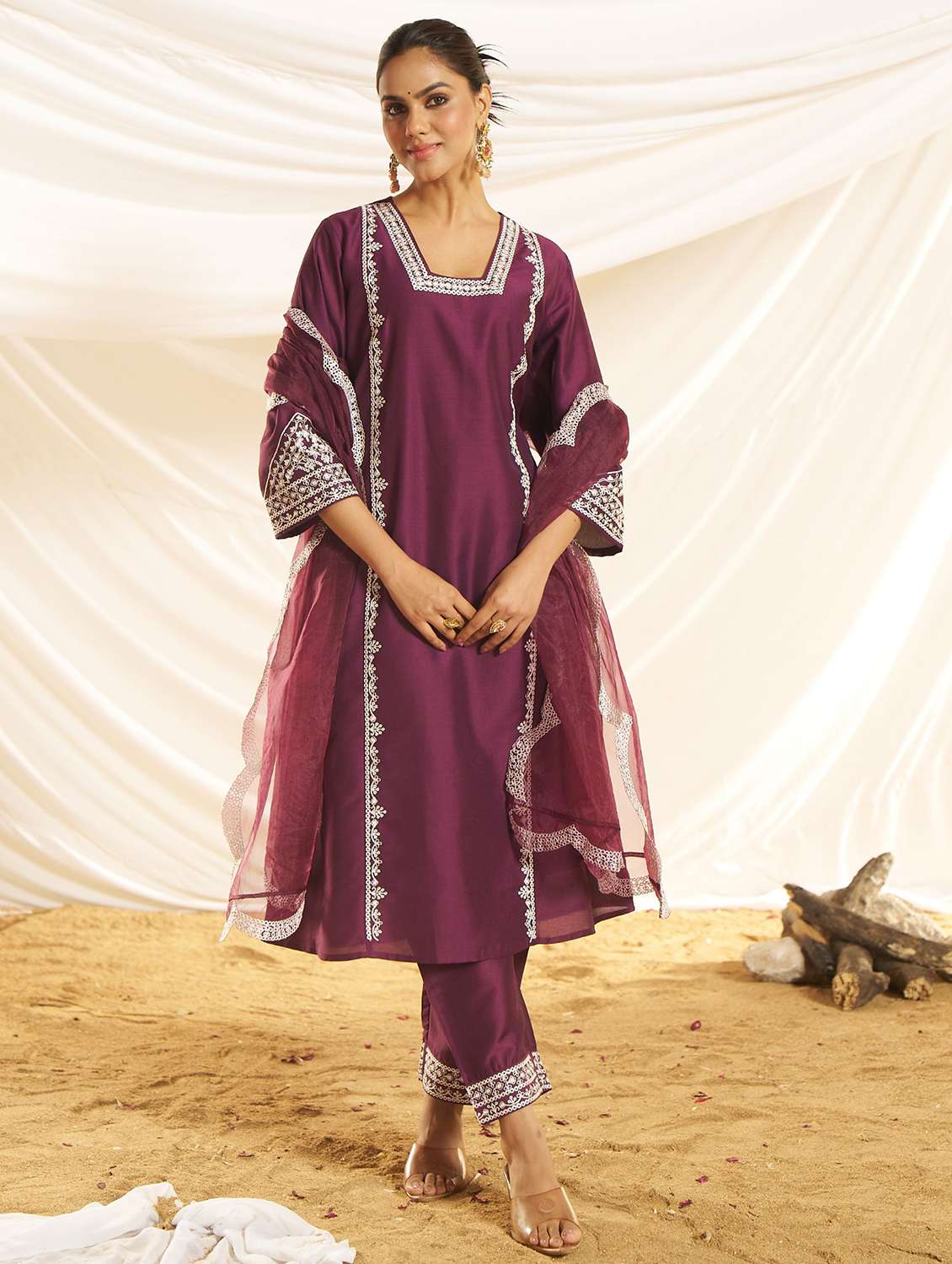 women embroidered three quarter sleeve kurta pant with dupatta set - 22083641 -  Standard Image - 1