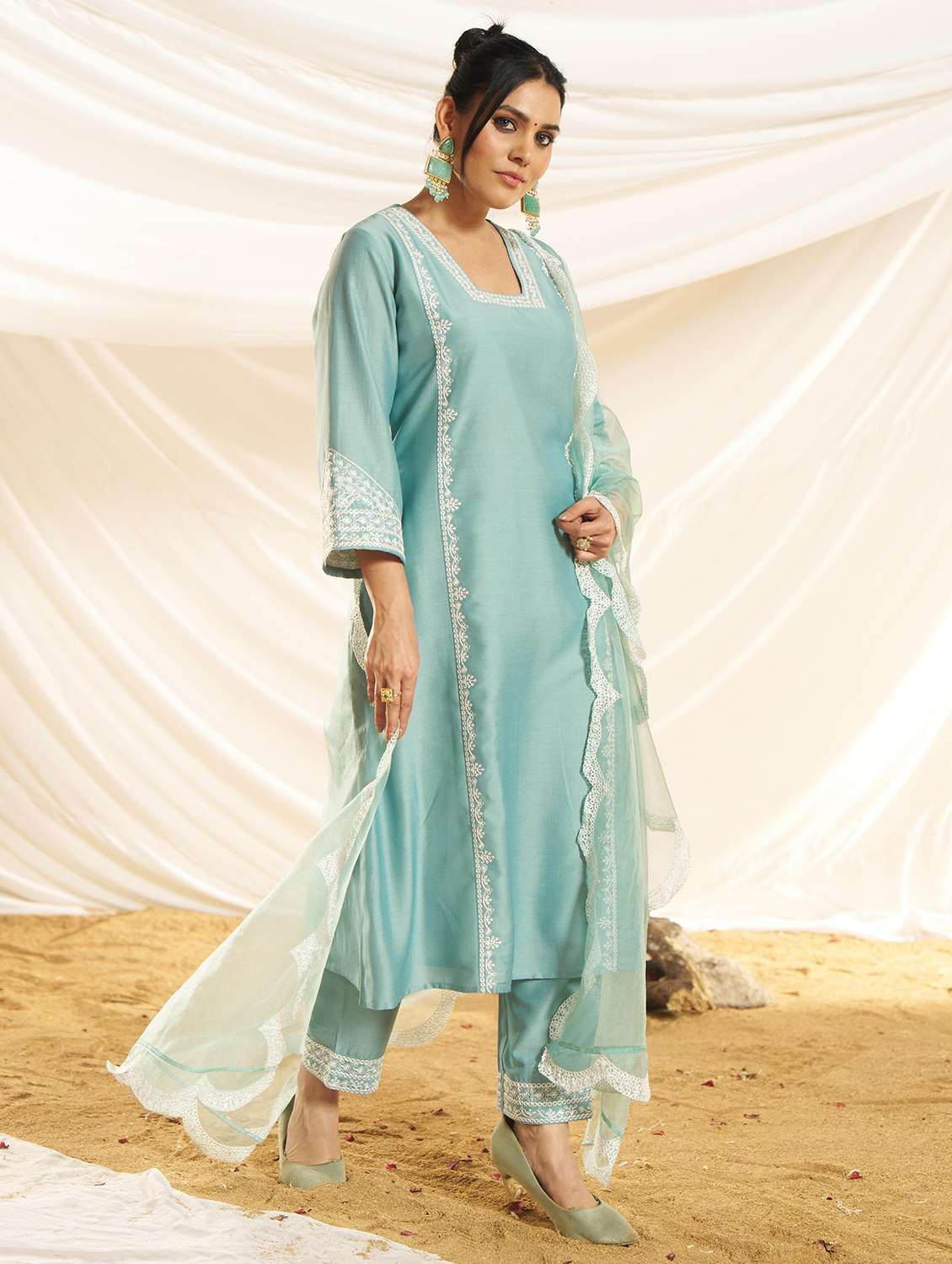 women embroidered three quarter sleeve kurta pant with dupatta set - 22083642 -  Standard Image - 1