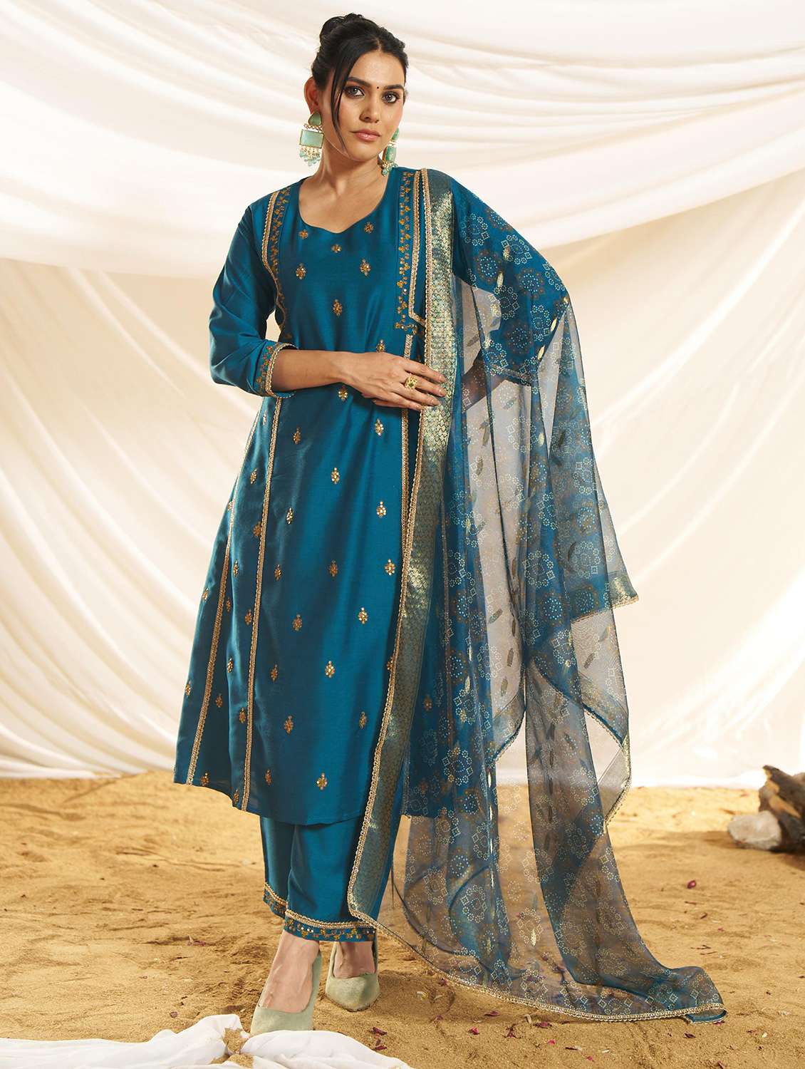 women embroidered three quarter sleeve kurta pant with dupatta set - 22083643 -  Standard Image - 1