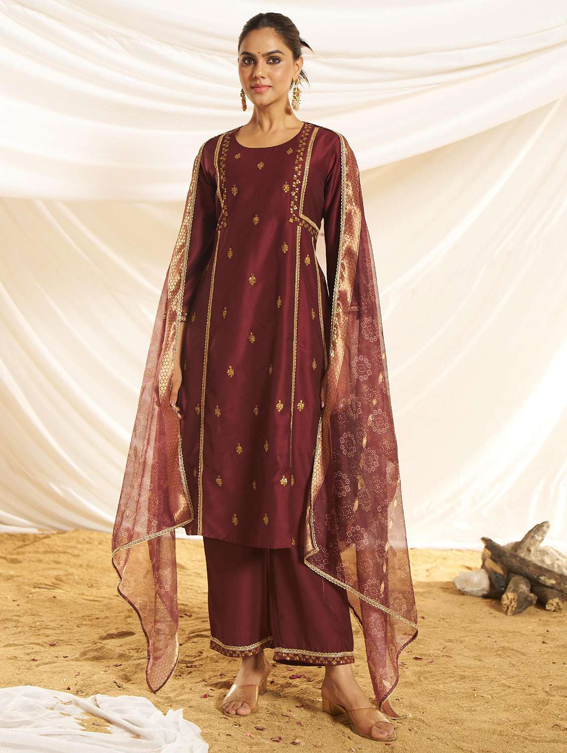 women embroidered three quarter sleeve kurta pant with dupatta set - 22083644 -  Standard Image - 1