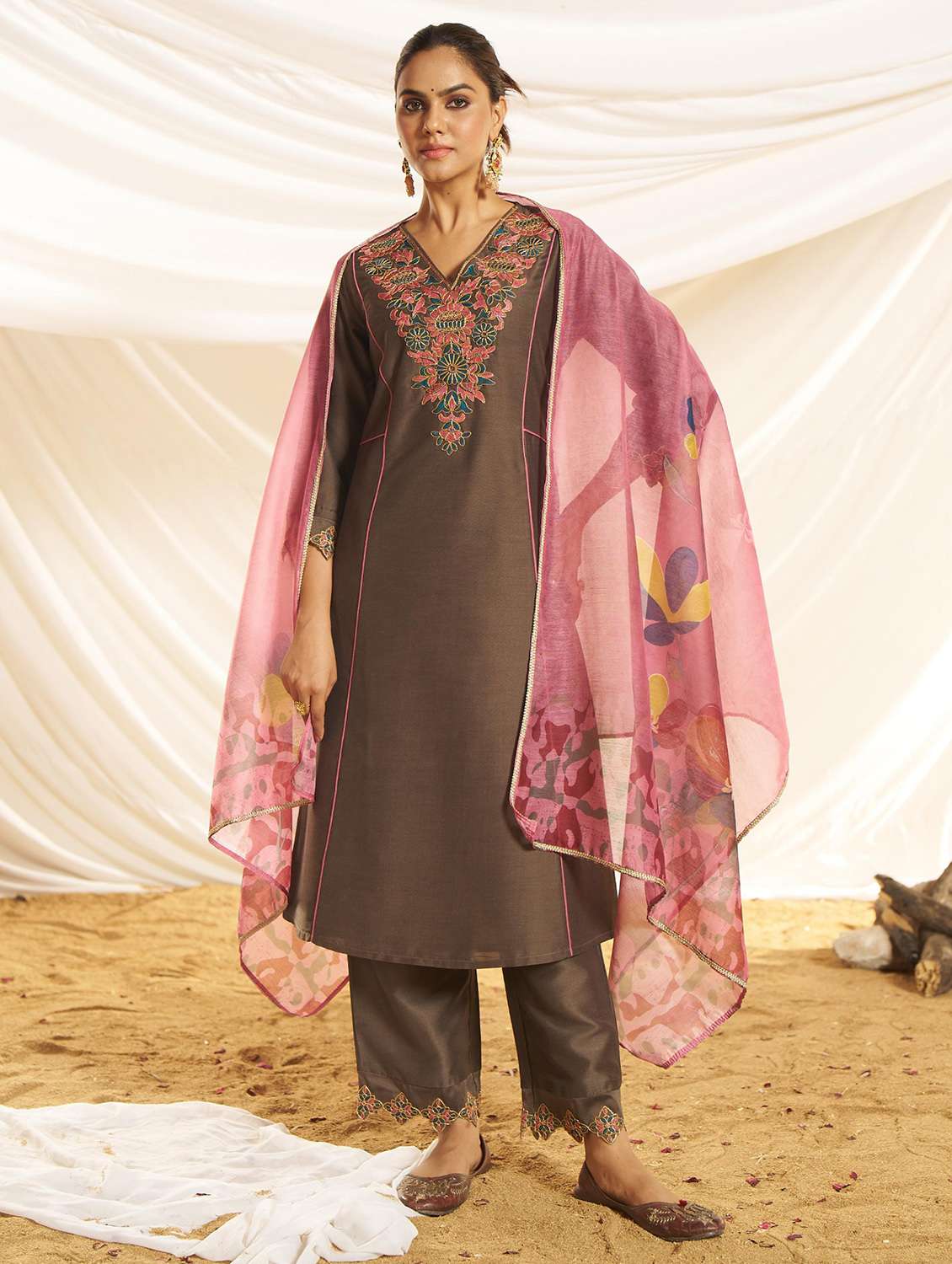 women embroidered three quarter sleeve kurta pant with dupatta set - 22083645 -  Standard Image - 1