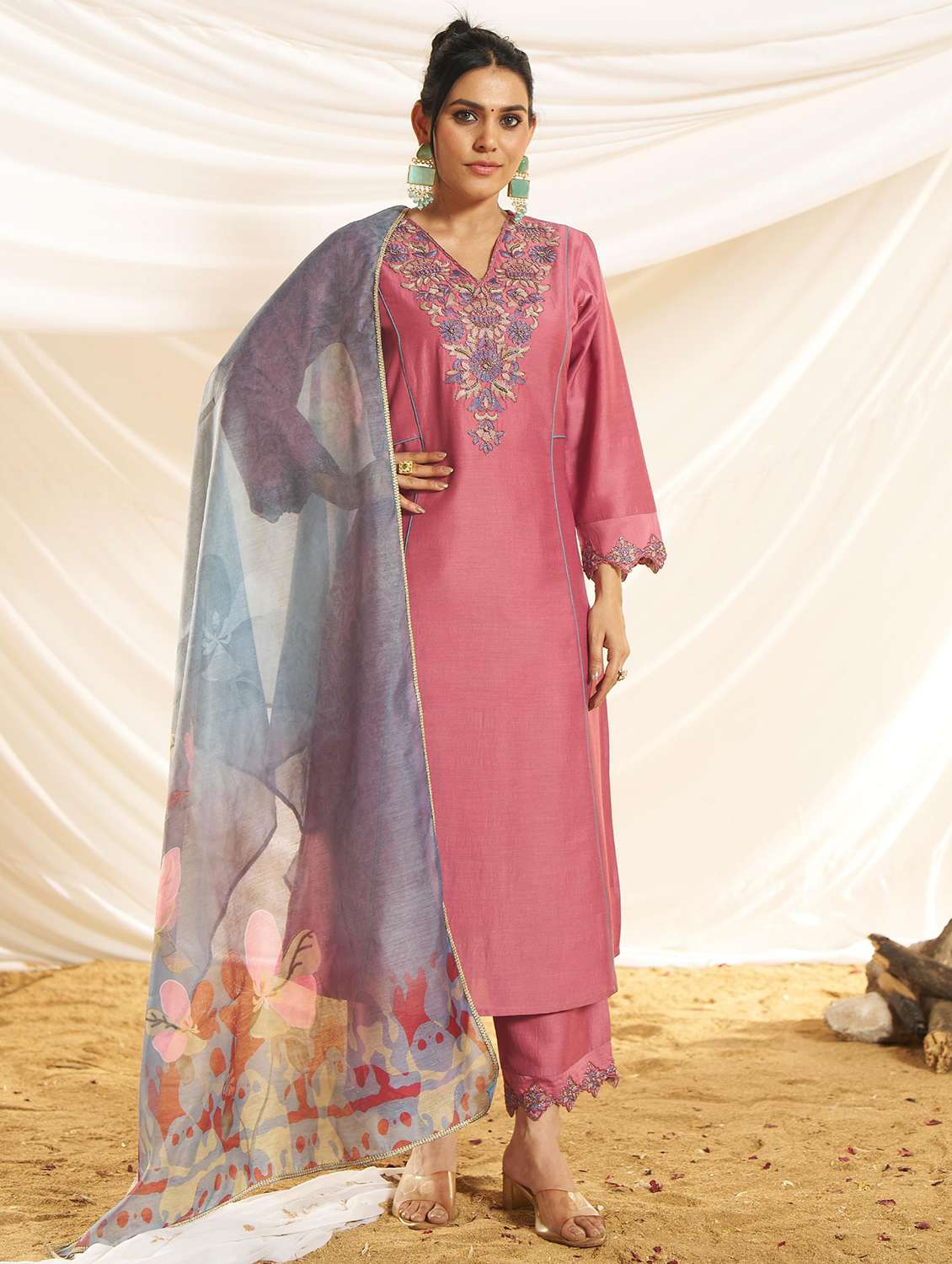 women embroidered three quarter sleeve kurta pant with dupatta set