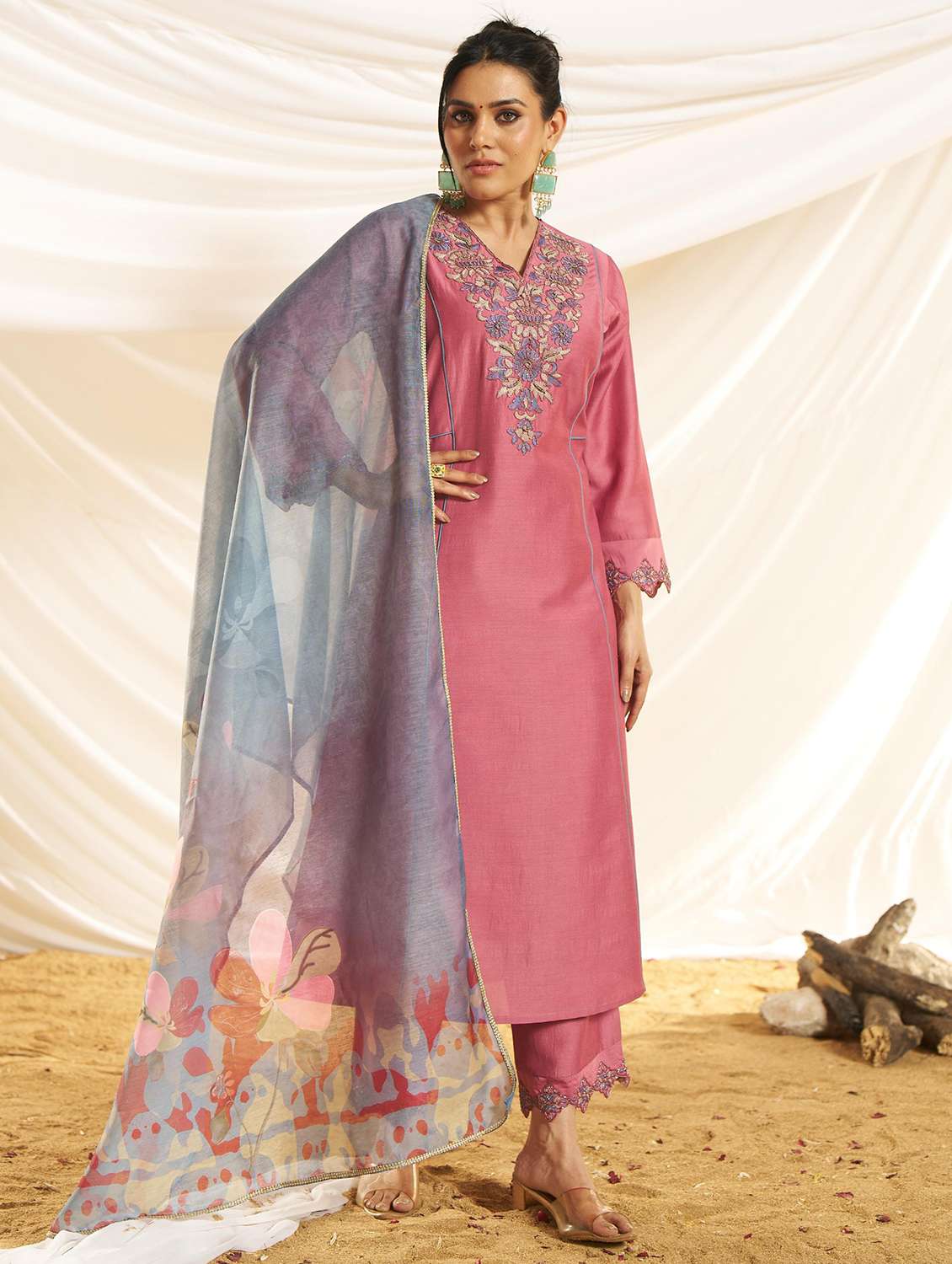 women embroidered three quarter sleeve kurta pant with dupatta set - 22083646 -  Standard Image - 1