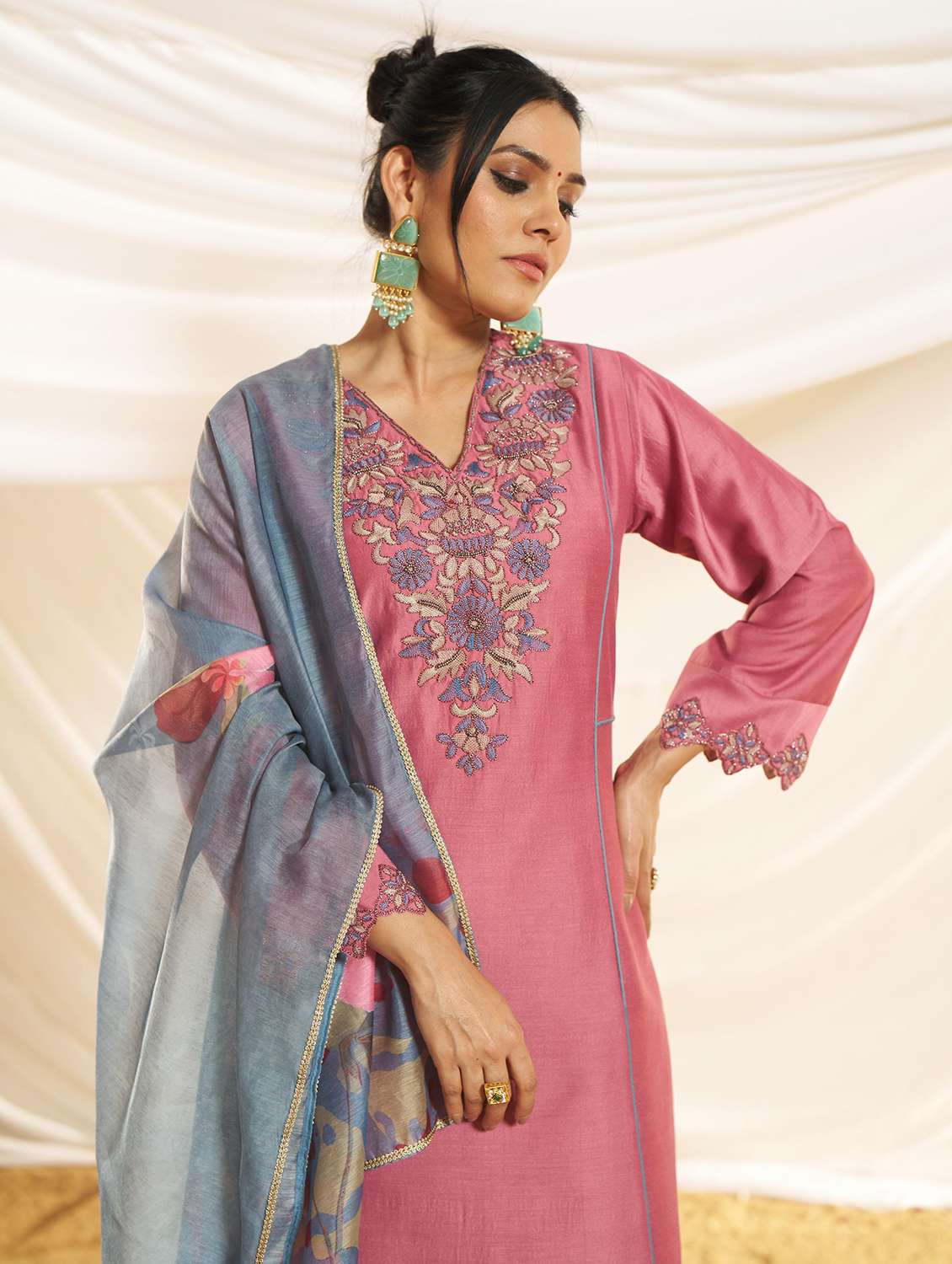 women embroidered three quarter sleeve kurta pant with dupatta set - 22083646 -  Standard Image - 4