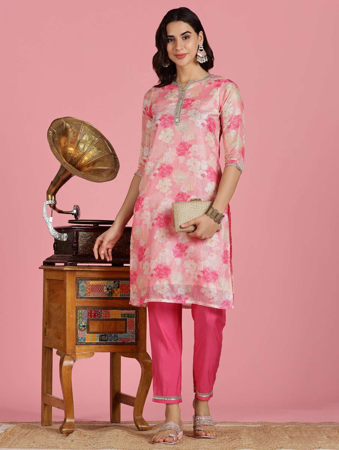 women floral three quarter sleeve kurta pant set - 22083649 -  Standard Image - 1