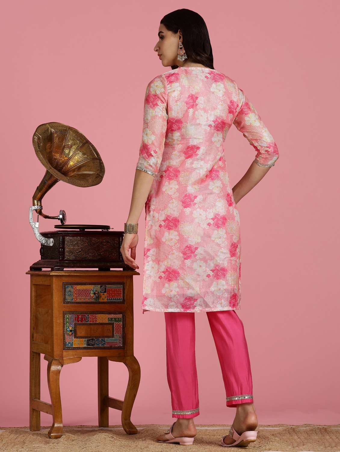 women floral three quarter sleeve kurta pant set - 22083649 -  Standard Image - 4