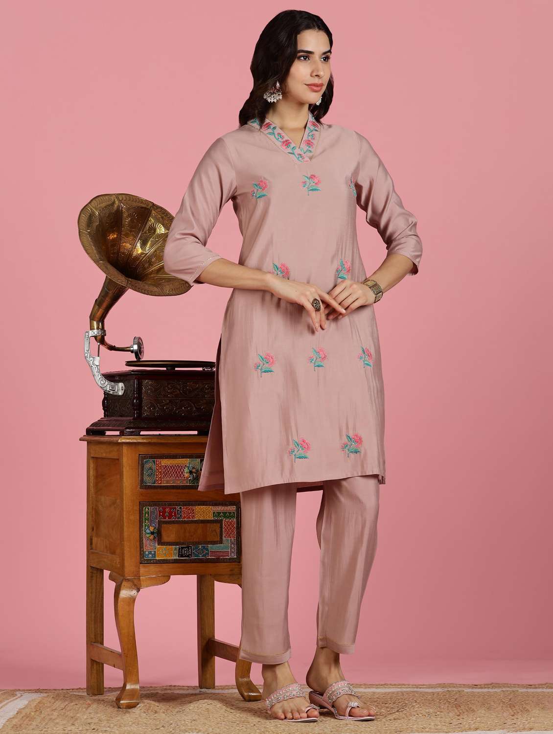 women embroidered three quarter sleeve kurta pant set - 22083651 -  Standard Image - 1