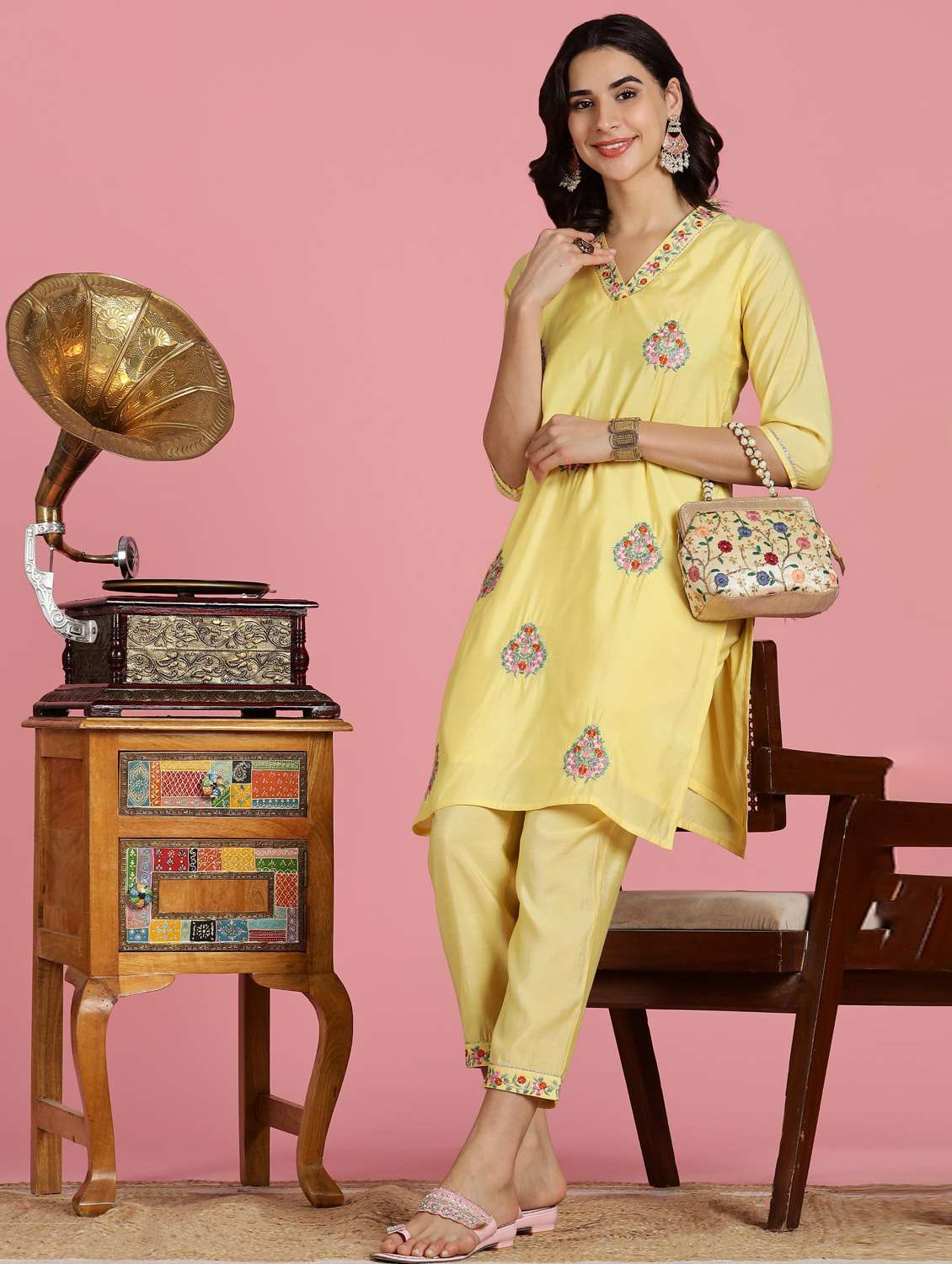 women embroidered three quarter sleeve kurta pant set - 22083652 -  Standard Image - 1