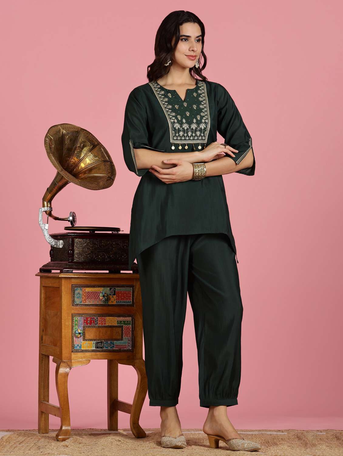 women embroidered three quarter sleeve ethnic co-ord set - 22083653 -  Standard Image - 1