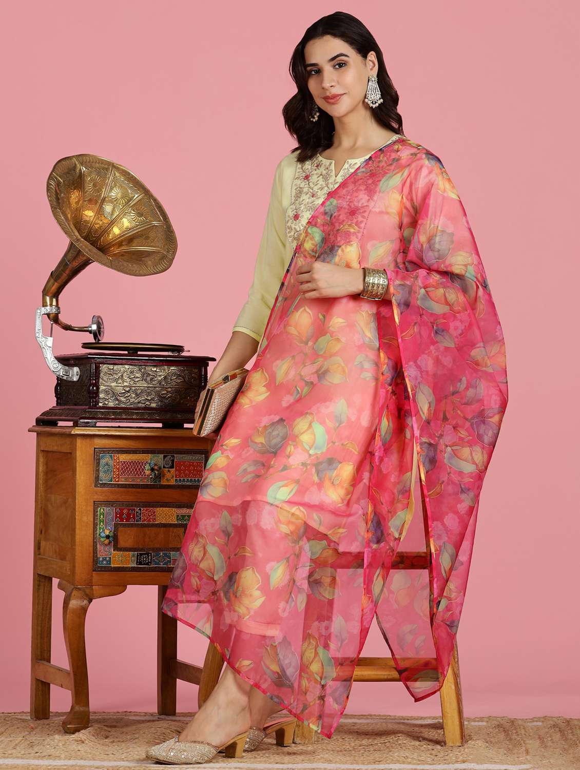 women embroidered three quarter sleeve kurta pant with dupatta set - 22083654 -  Standard Image - 1