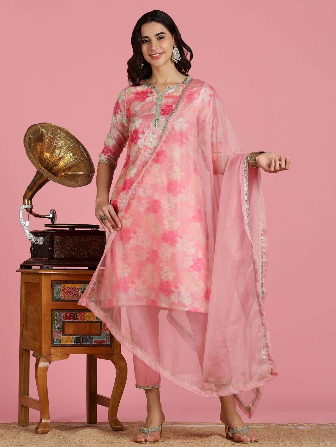 women three quarter sleeve kurta pant with dupatta set - 22083655 -  Standard Image - 1