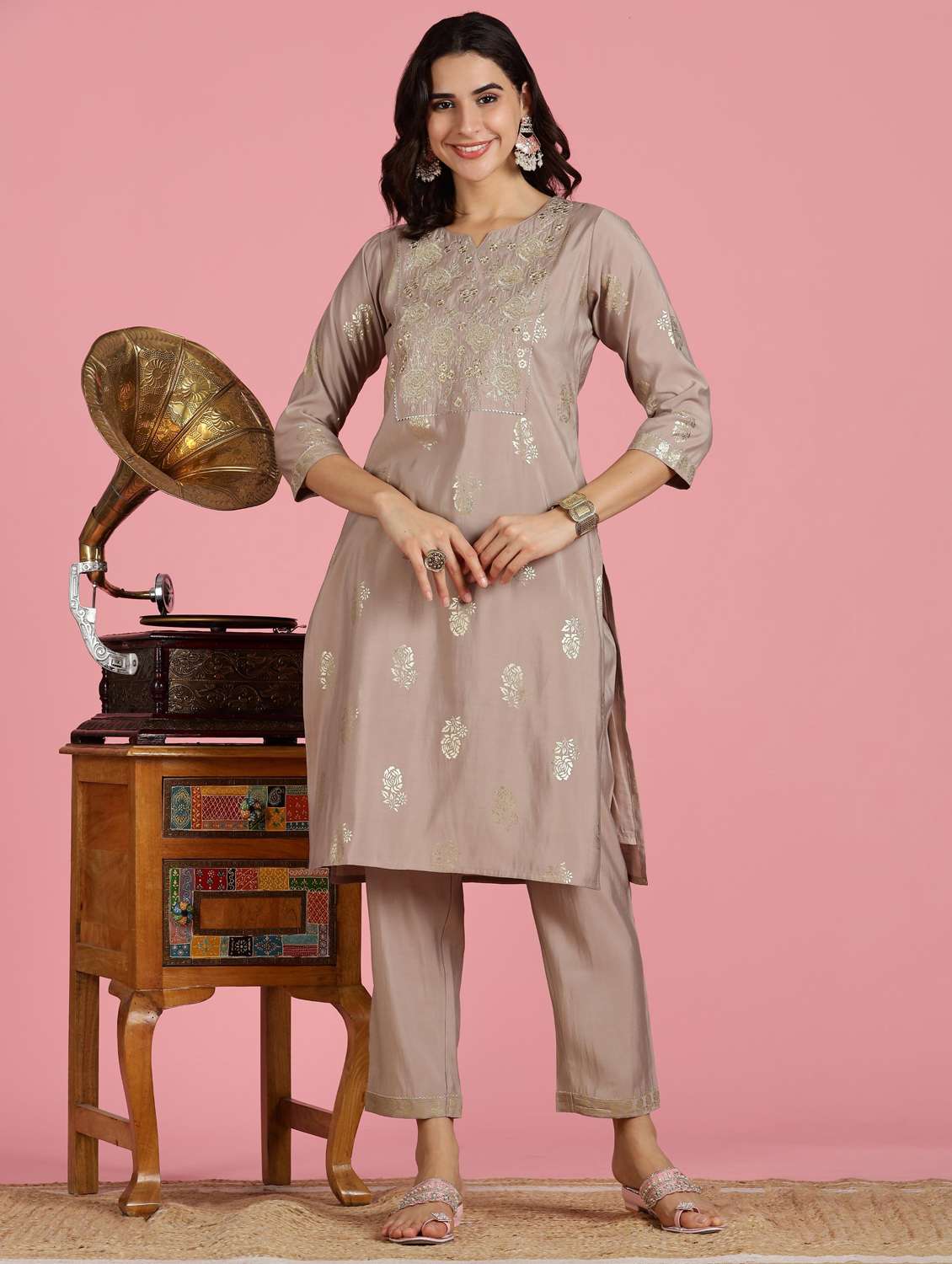 women embroidered three quarter sleeve kurta pant with dupatta set - 22083656 -  Standard Image - 1