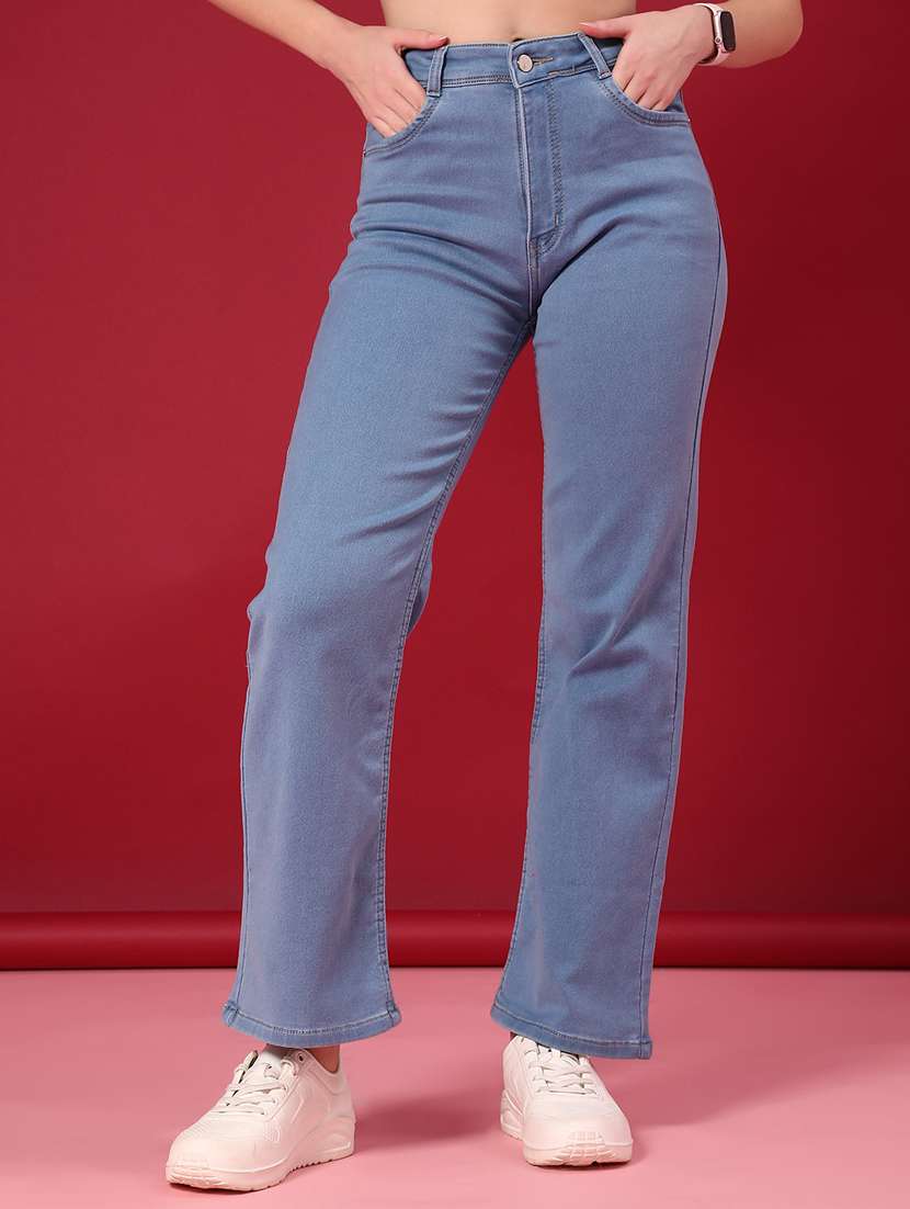 women solid high rise straight fit jean