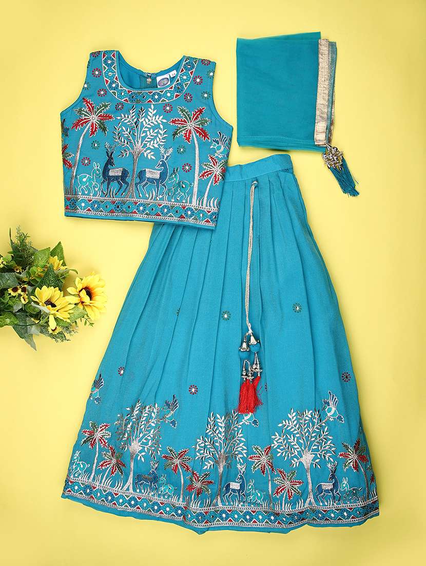 girls solid with work sleeveless lehenga choli set - 22083985 -  Standard Image - 1
