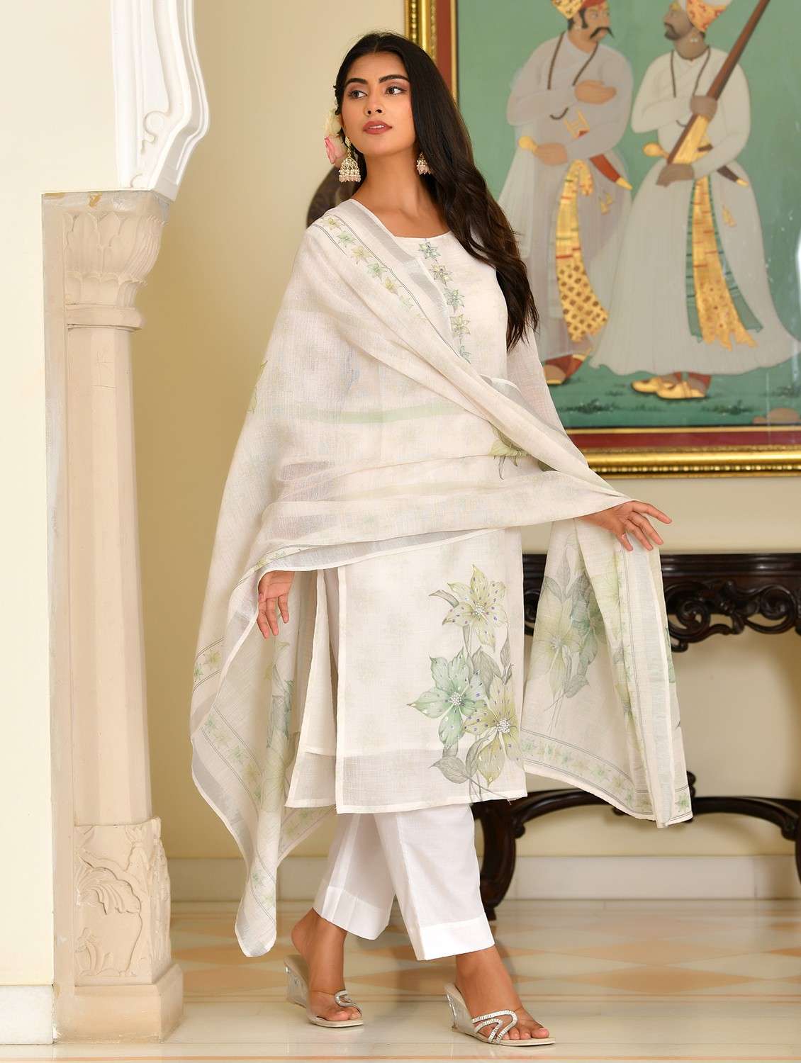 women floral three quarter sleeve kurta pant with dupatta set