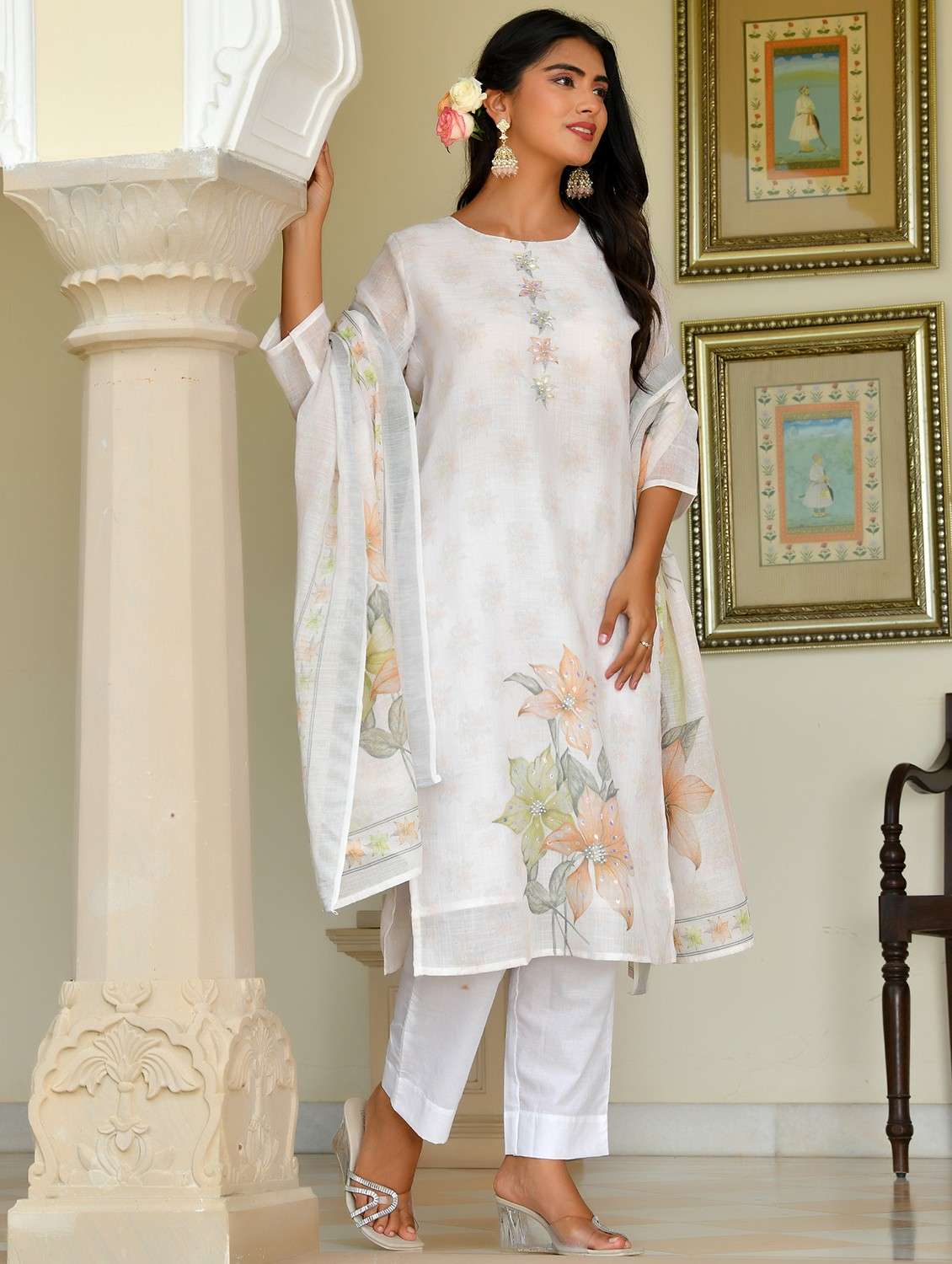 women floral three quarter sleeve kurta pant with dupatta set - 22083995 - Standard Image - 1