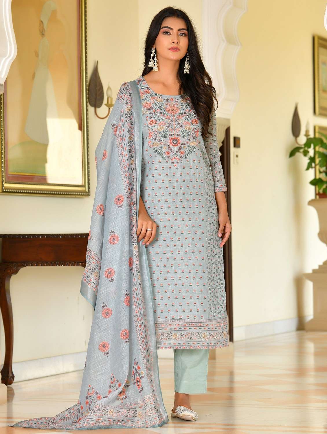 women floral three quarter sleeve kurta pant with dupatta set