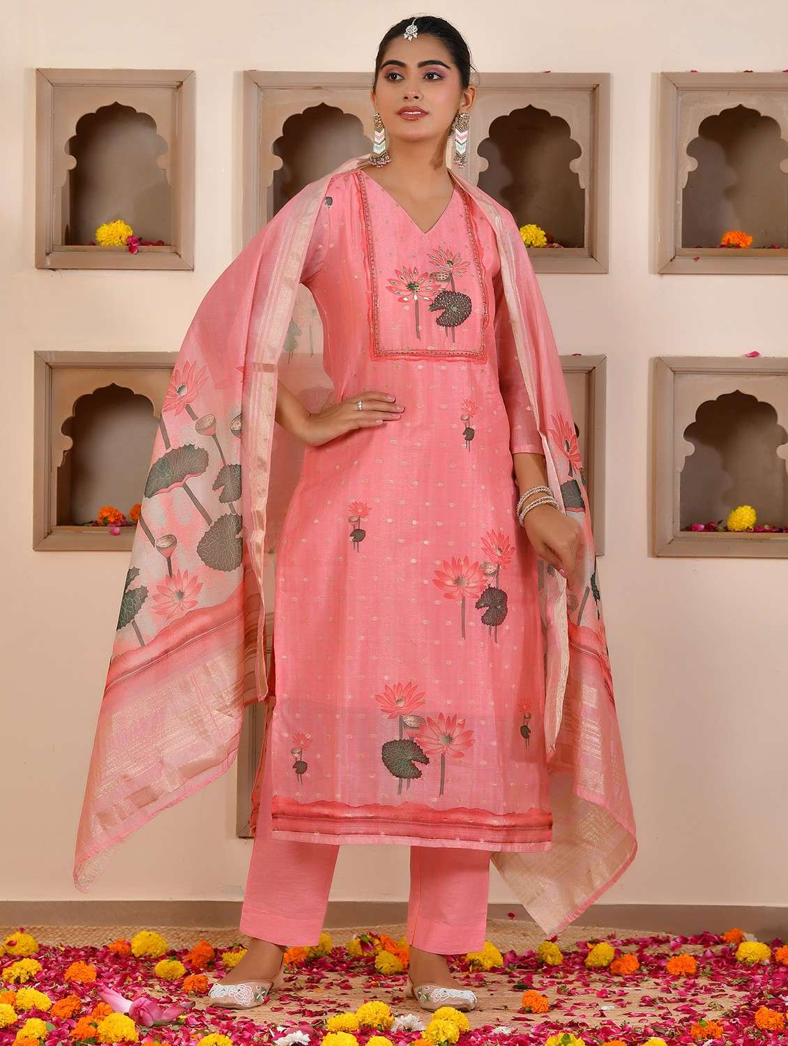 women floral three quarter sleeve kurta pant with dupatta set - 22084001 -  Standard Image - 1