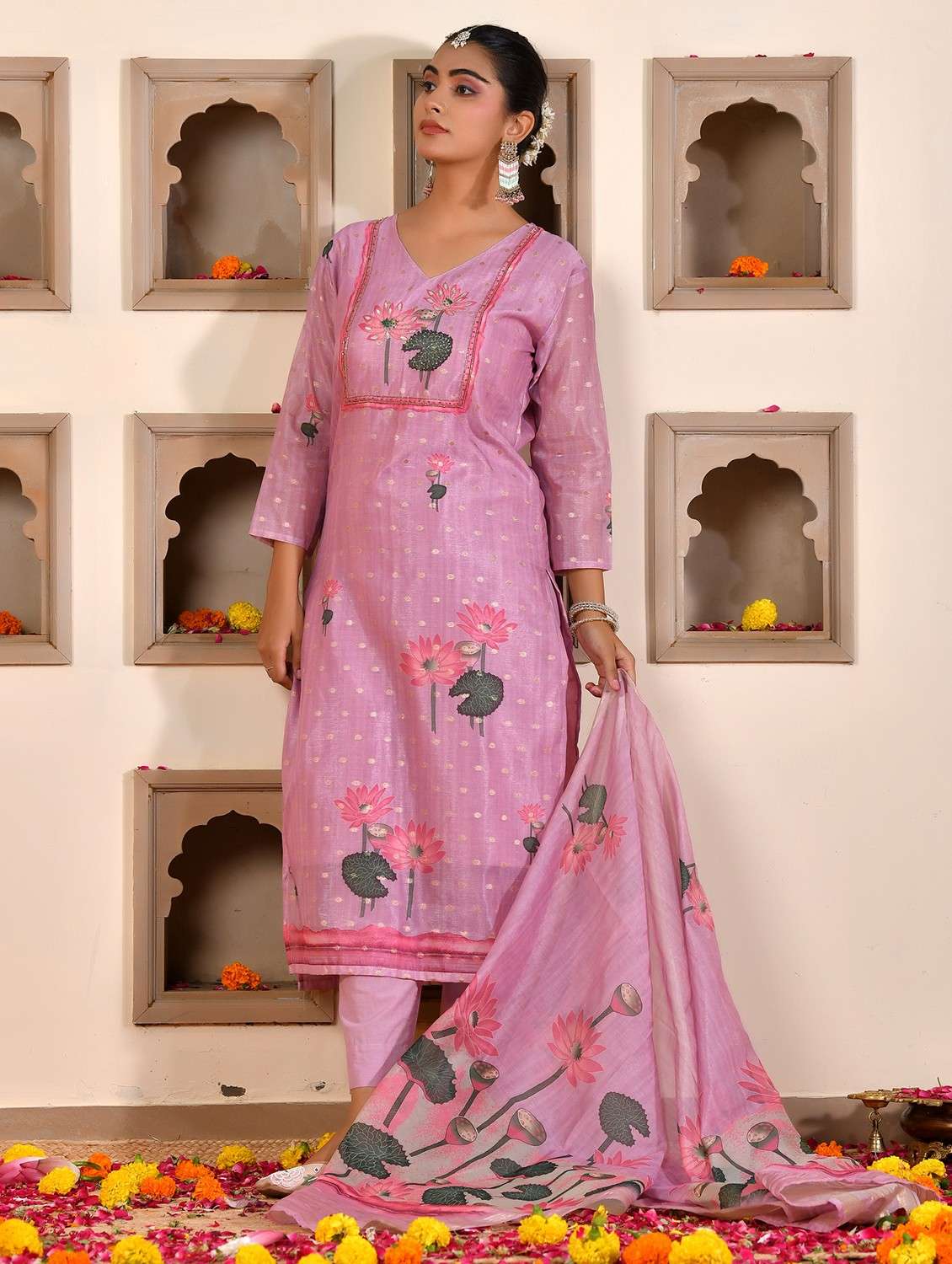 women floral three quarter sleeve kurta pant with dupatta set - 22084002 -  Standard Image - 1