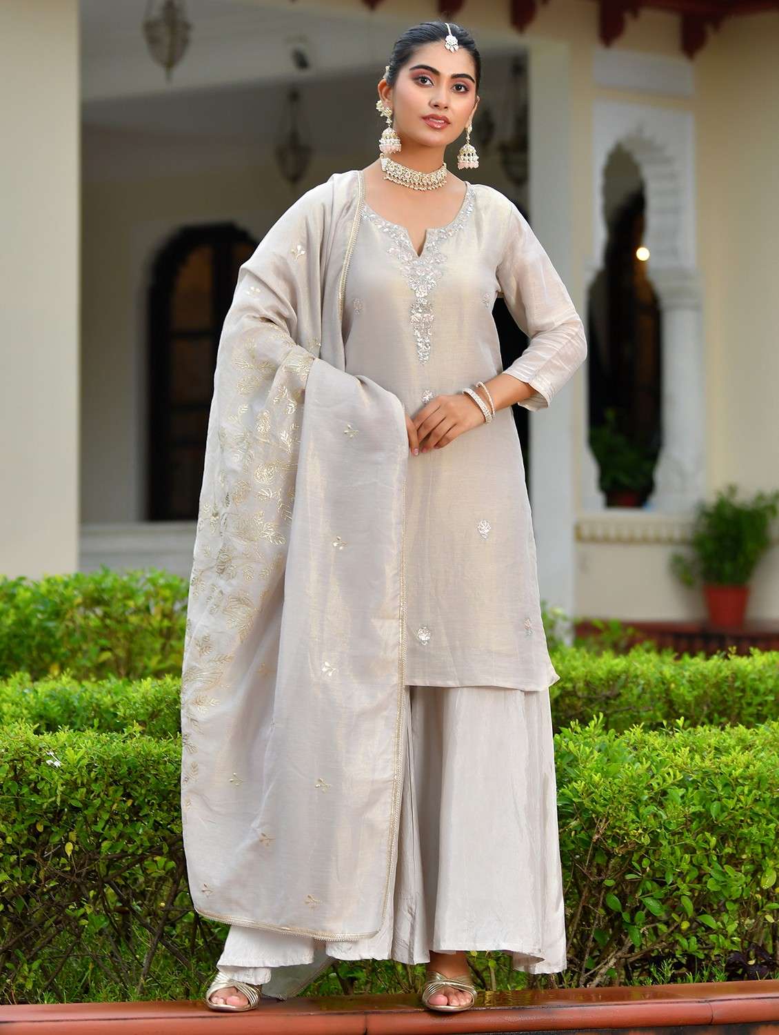 women three quarter sleeve kurta sharara with dupatta set