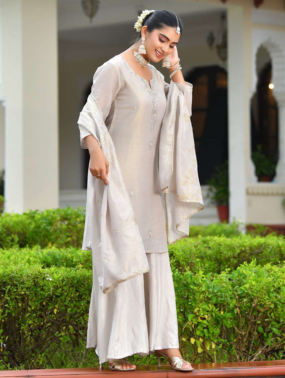 women three quarter sleeve kurta sharara with dupatta set - 22084013 -  Standard Image - 1