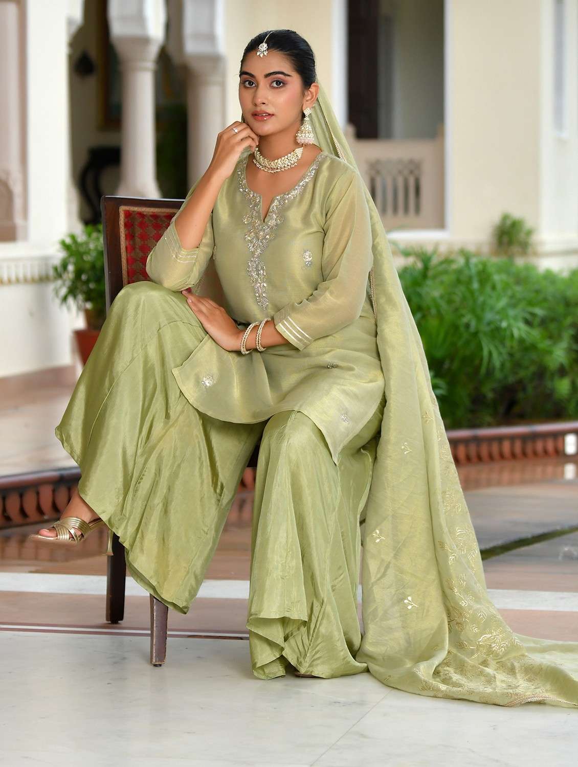 women three quarter sleeve kurta sharara with dupatta set - 22084014 -  Standard Image - 1