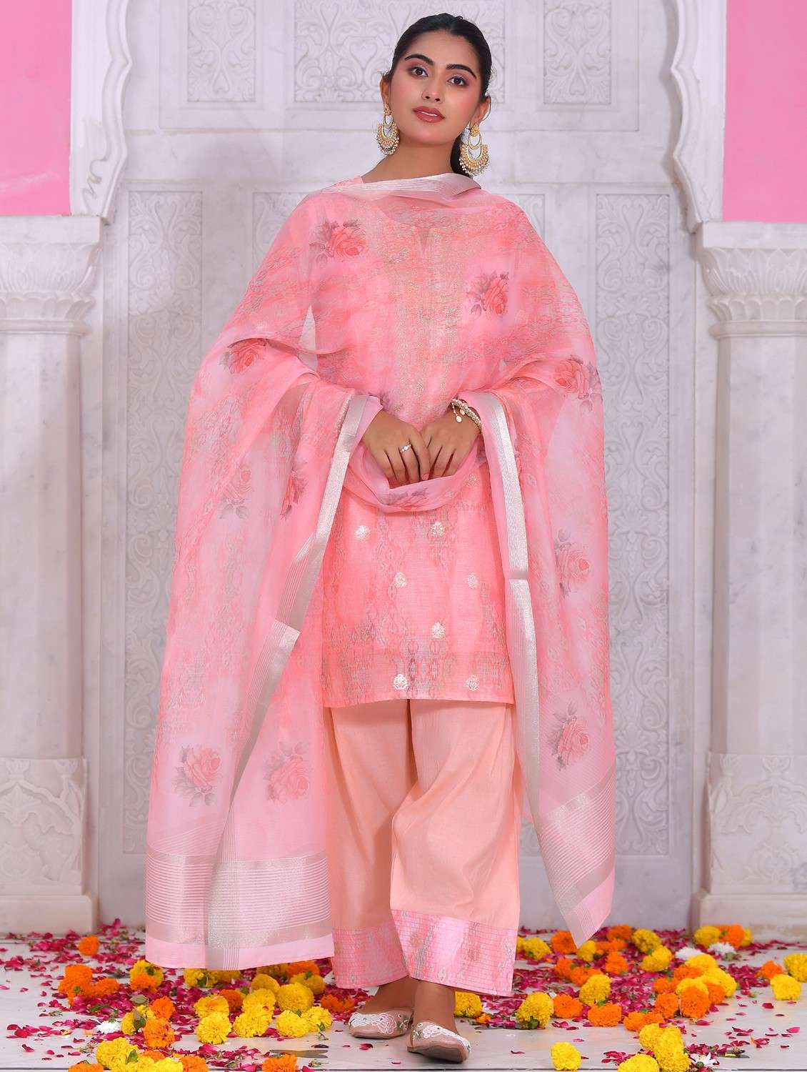 women self design three quarter sleeve kurta salwar with dupatta set