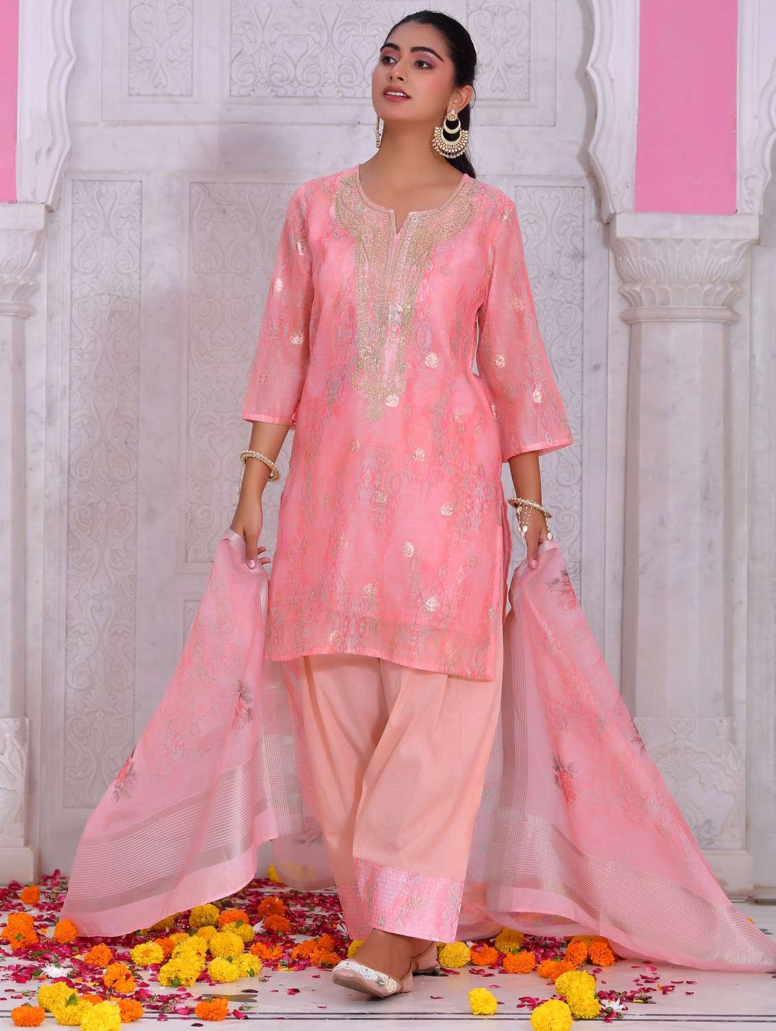 women self design three quarter sleeve kurta salwar with dupatta set - 22084017 - Standard Image - 1