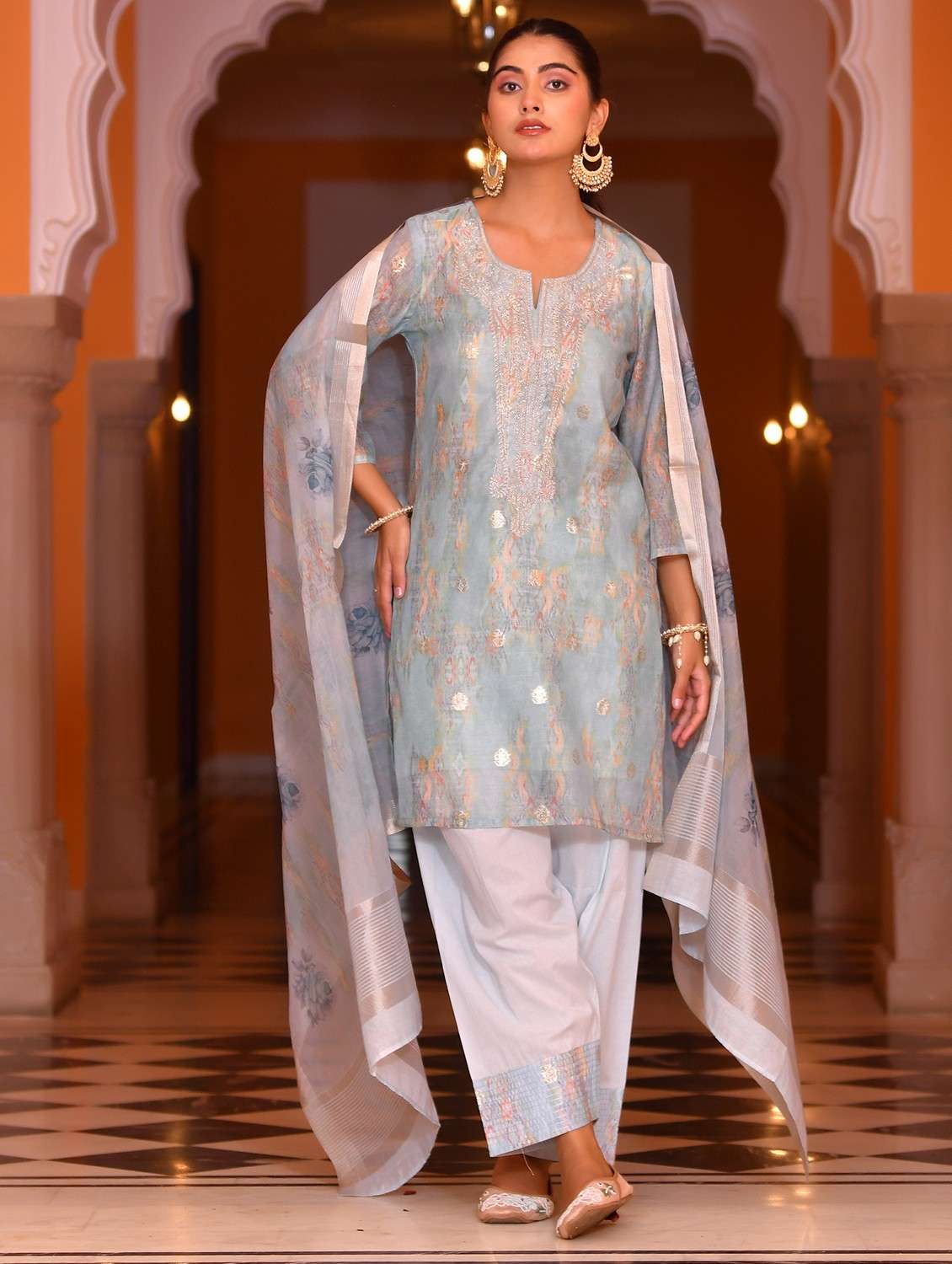 women self design three quarter sleeve kurta salwar with dupatta set